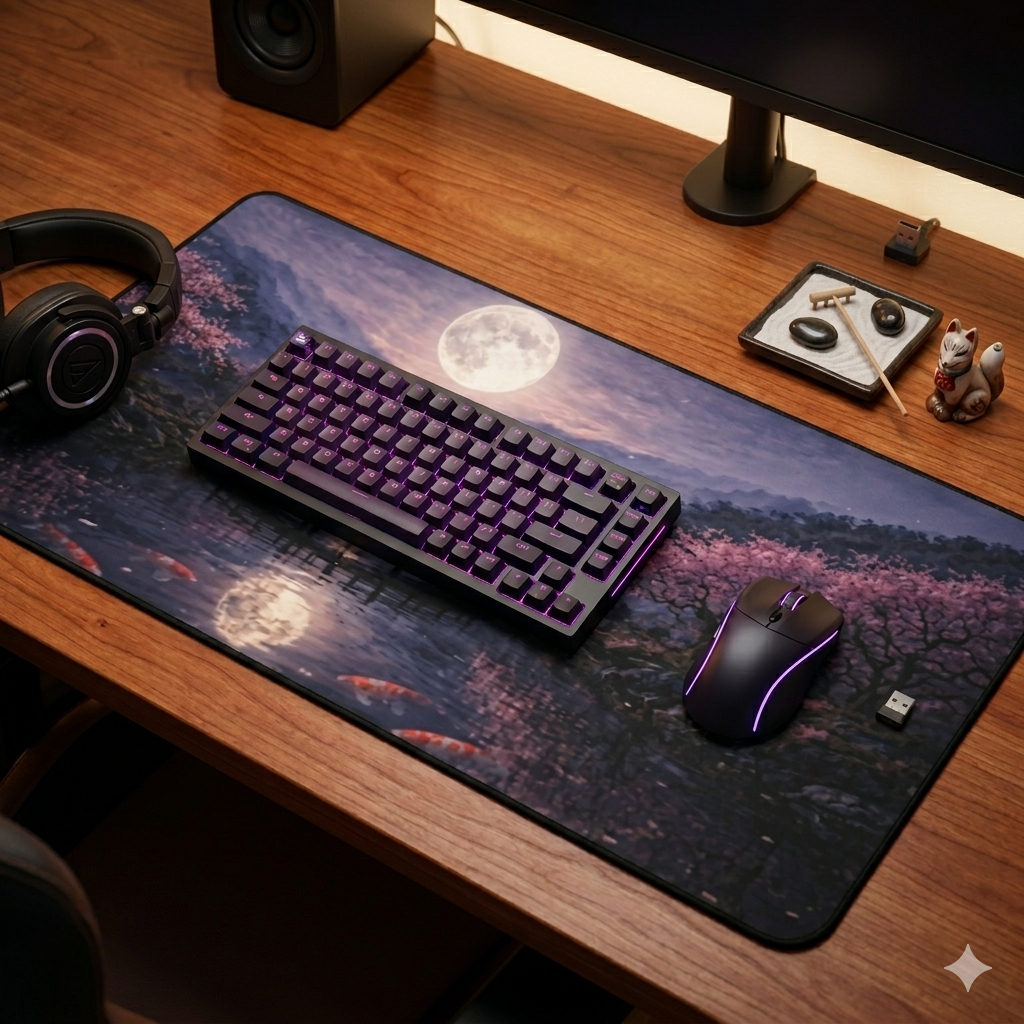 Moonlit Cherry Blossom Desk Mat, Japanese Koi Pond Mouse Pad, Sakura Bridge Night Scene, Aesthetic Gaming Desk Mat, Large Extended Mousepad