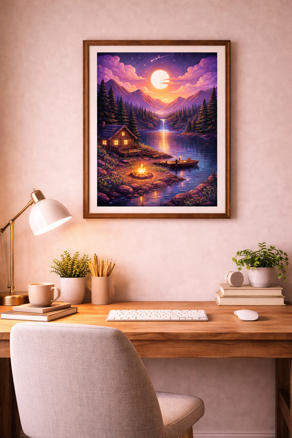 Sunset Cabin Lake Poster Mountain Landscape Wall Art Cozy Cabin Print Nature Sunset Art Rustic Wall Decor Forest Lake Matte Vertical Print