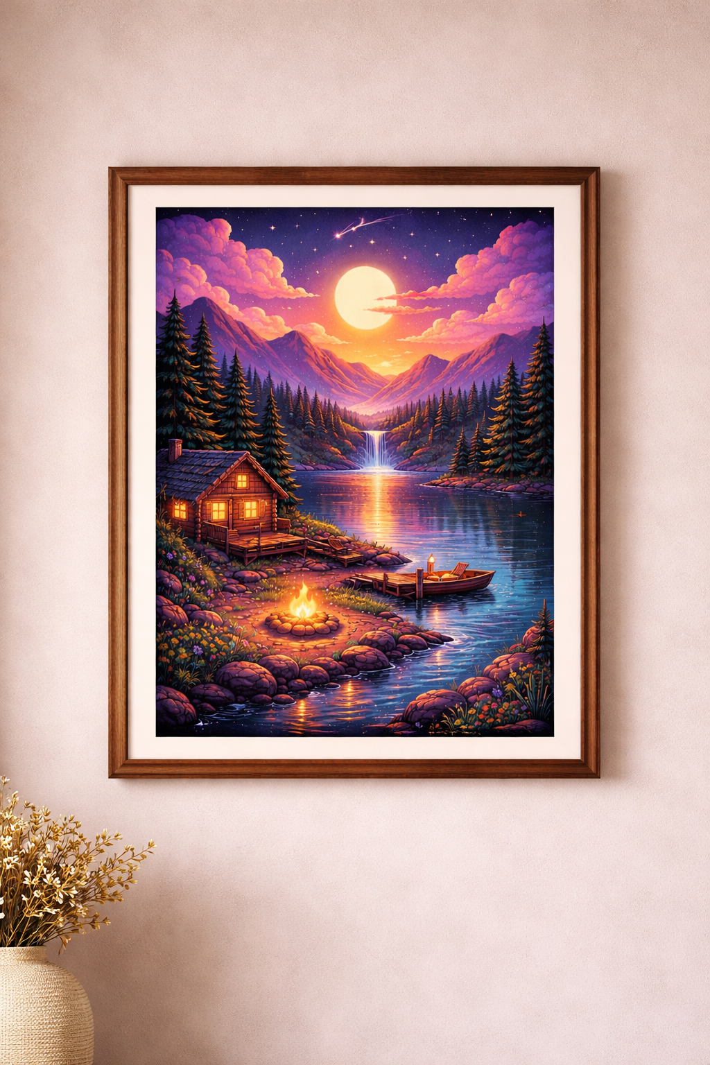Sunset Cabin Lake Poster Mountain Landscape Wall Art Cozy Cabin Print Nature Sunset Art Rustic Wall Decor Forest Lake Matte Vertical Print