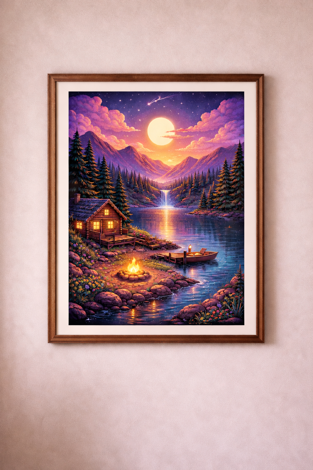 Sunset Cabin Lake Poster Mountain Landscape Wall Art Cozy Cabin Print Nature Sunset Art Rustic Wall Decor Forest Lake Matte Vertical Print