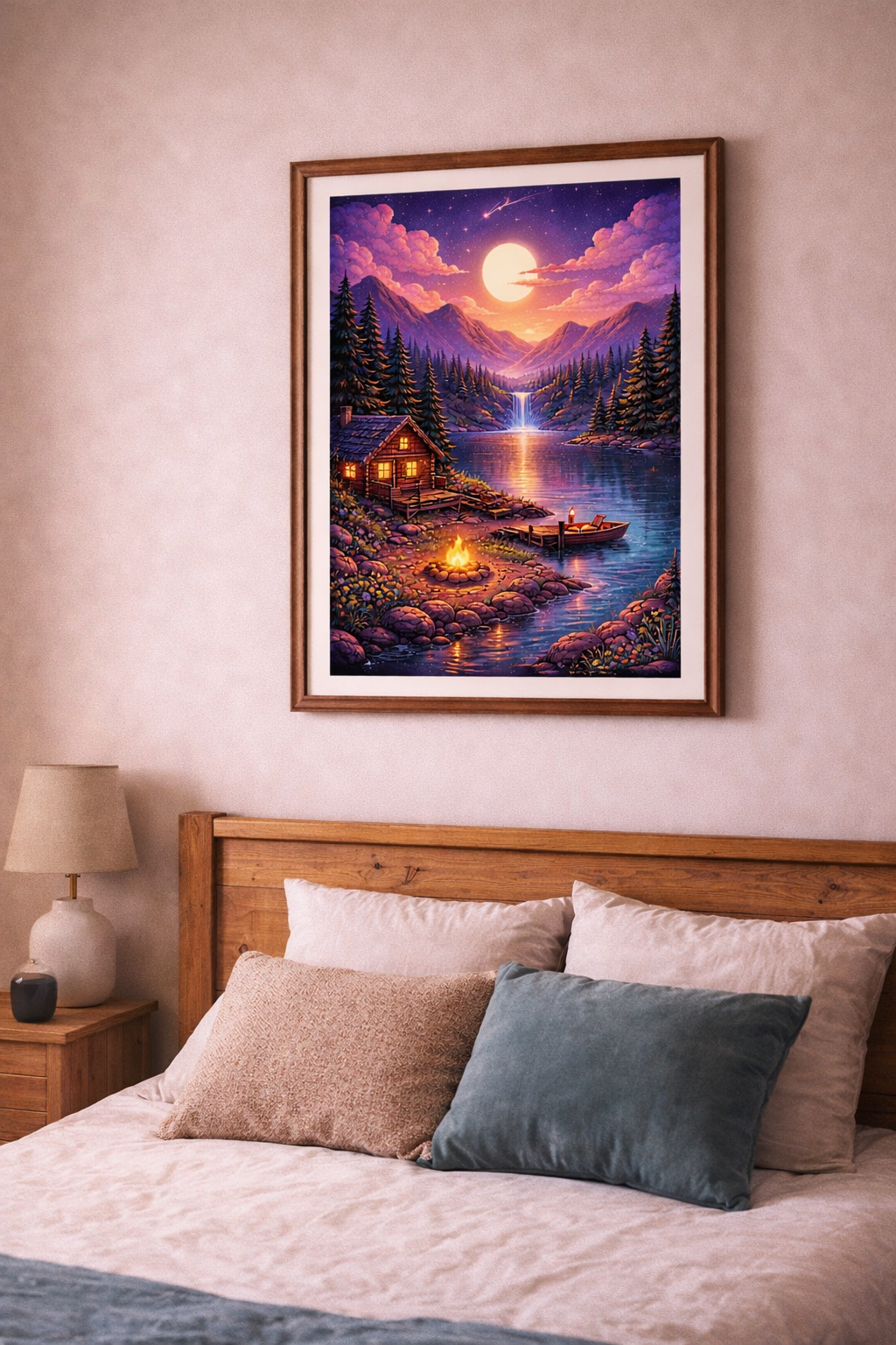Sunset Cabin Lake Poster Mountain Landscape Wall Art Cozy Cabin Print Nature Sunset Art Rustic Wall Decor Forest Lake Matte Vertical Print