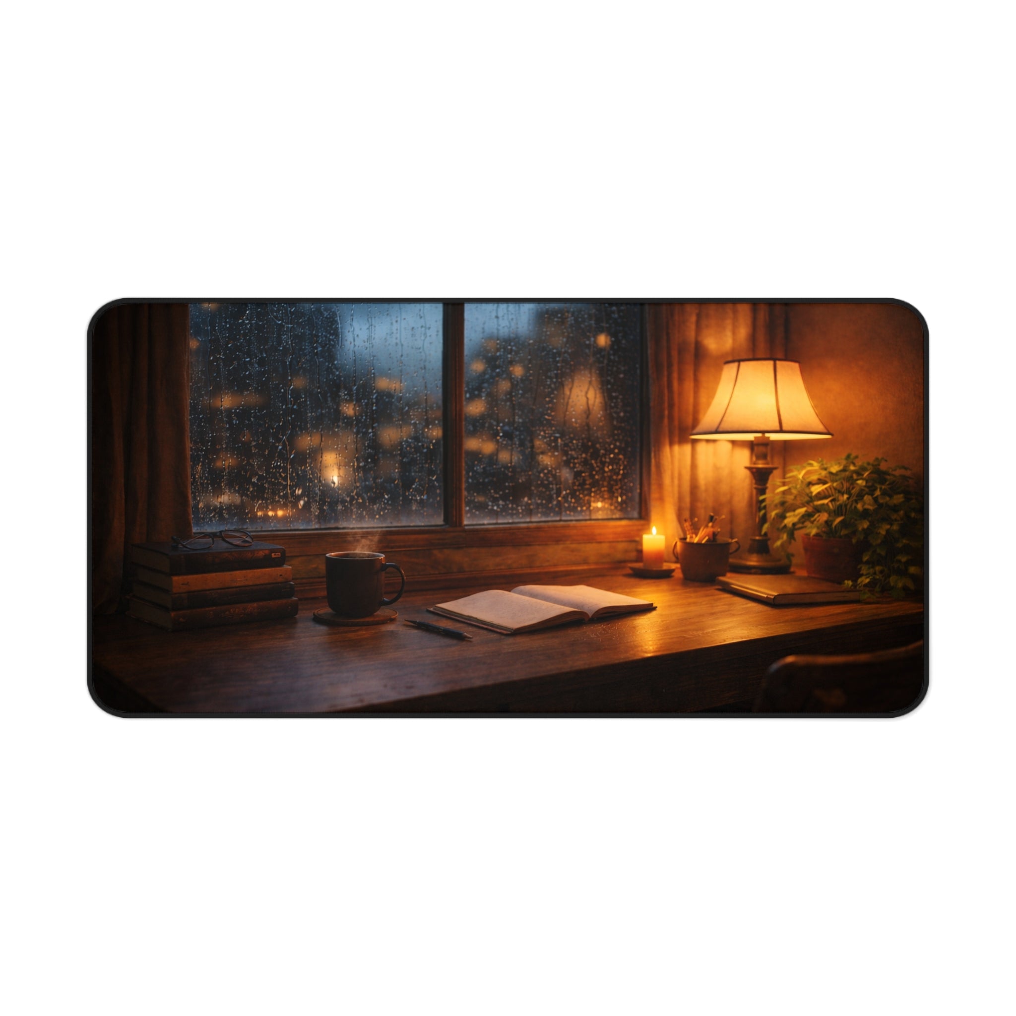 Cozy Rainy Night Desk Mat — Lamplight, Books & Coffee Aesthetic