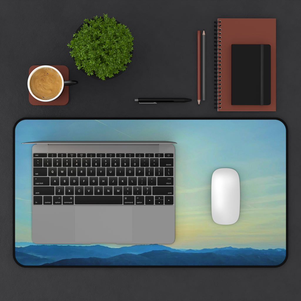 Whiteface Mountain Horizon Desk Mat — Fading Blue Peaks with Orange Sunrise