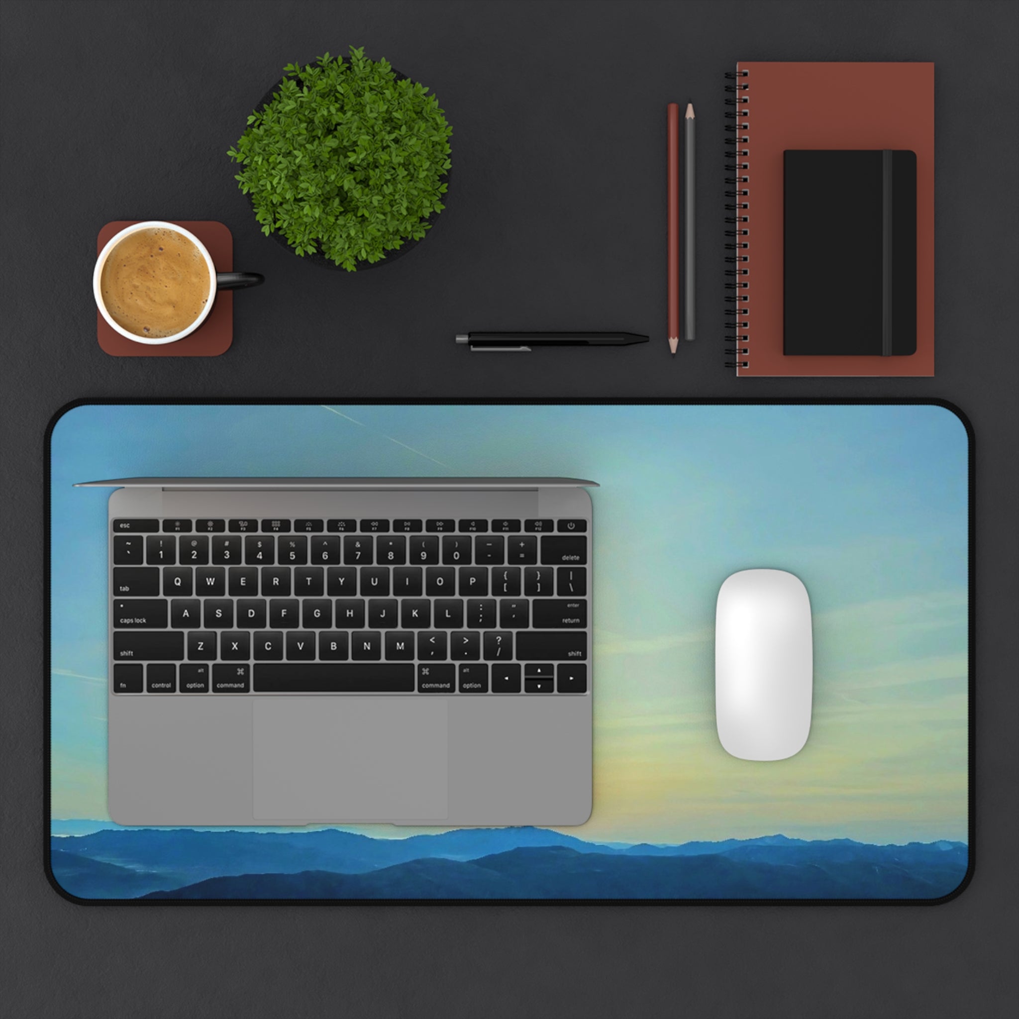 Whiteface Mountain Horizon Desk Mat — Fading Blue Peaks with Orange Sunrise