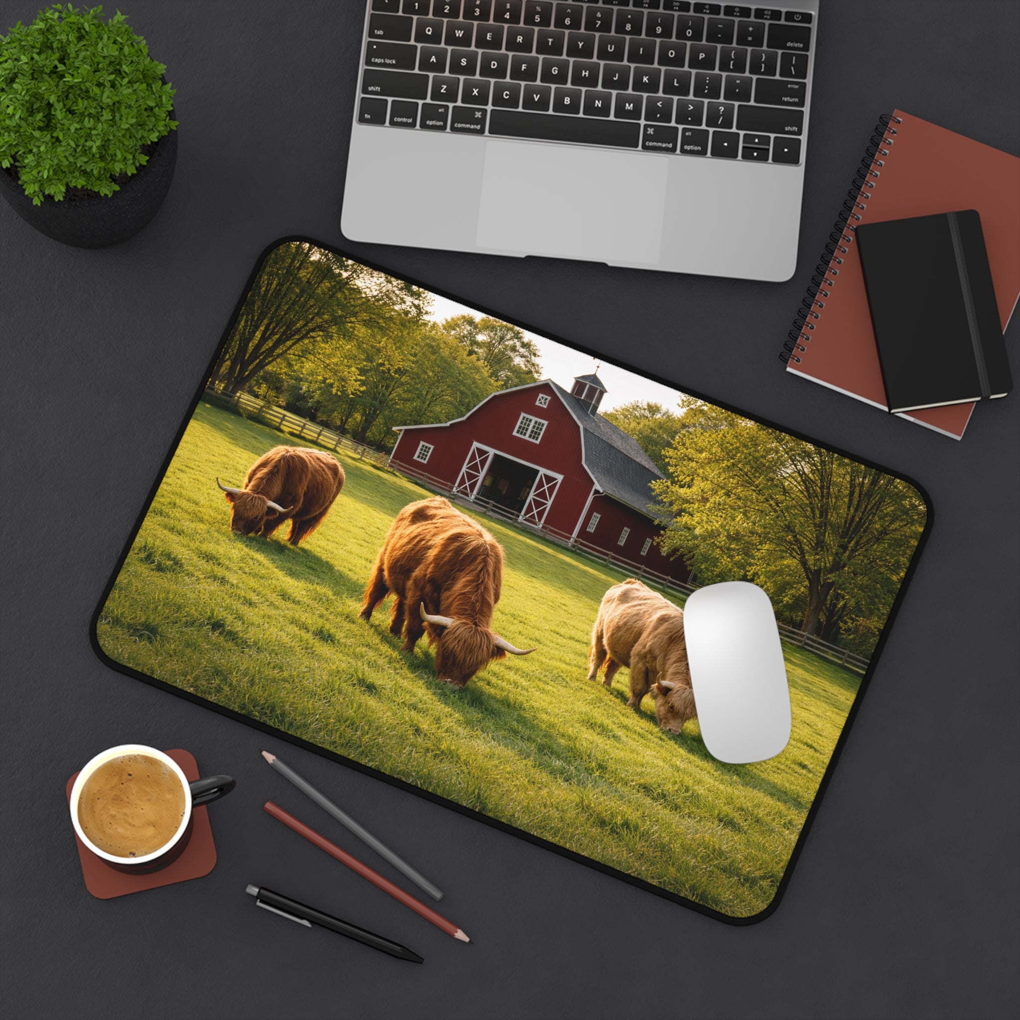 Golden Pasture Desk Mat — Highland Cattle & Red Barn Rustic Desk Pad