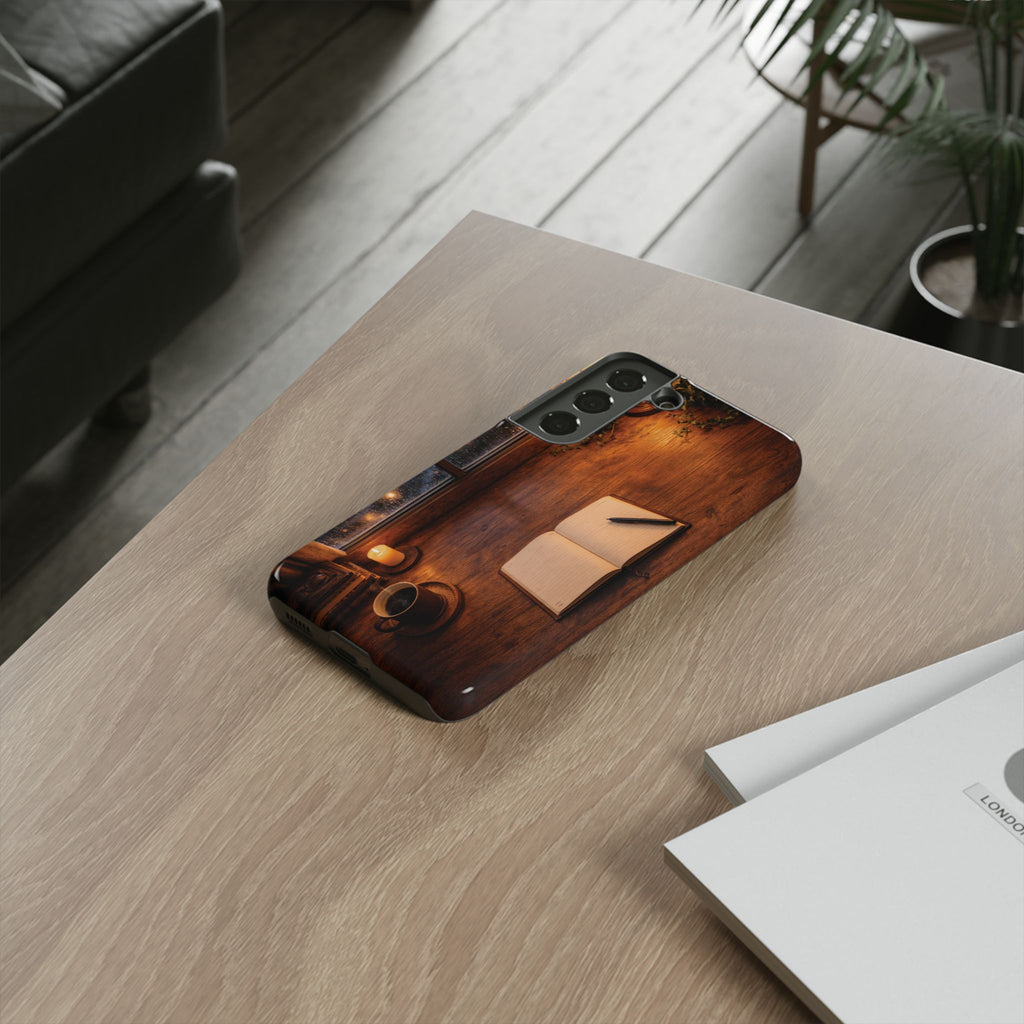 Cozy Writer’s Desk Phone Case — Cozy Notebook & Coffee Woodgrain Design