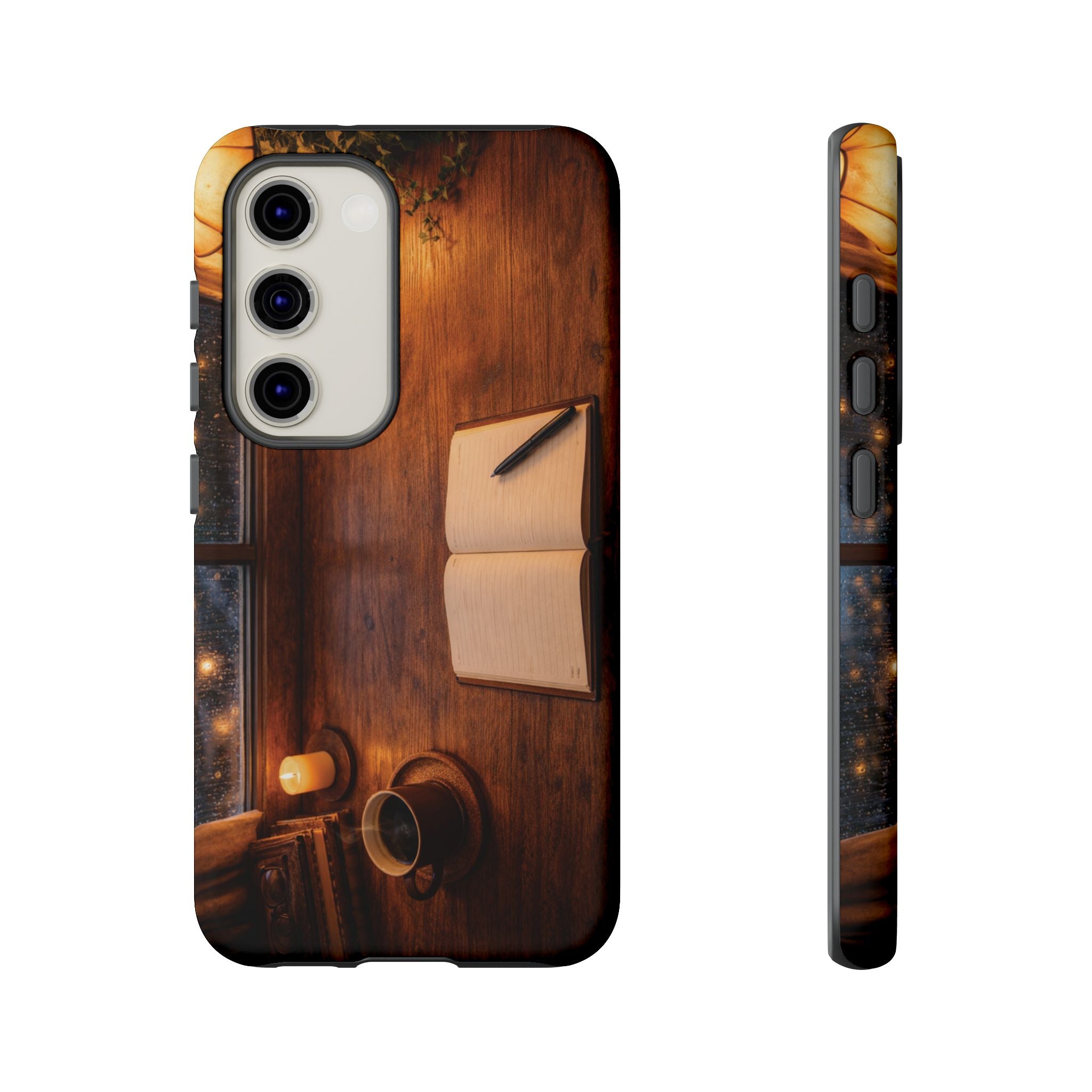 Cozy Writer’s Desk Phone Case — Cozy Notebook & Coffee Woodgrain Design