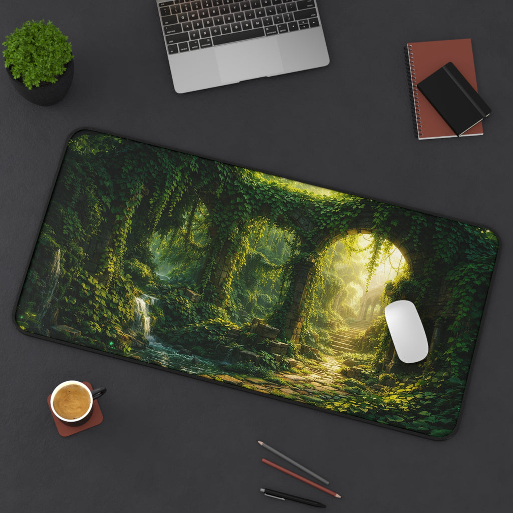 Ivy-Covered Ancient Ruins Desk Mat — Golden Sunlight Overgrown Ruins Desk Mat