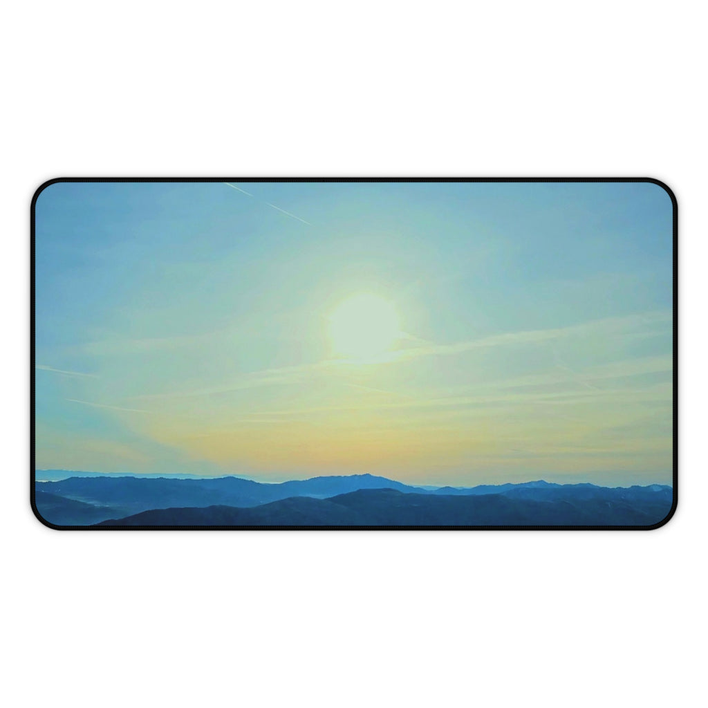 Whiteface Mountain Horizon Desk Mat — Fading Blue Peaks with Orange Sunrise