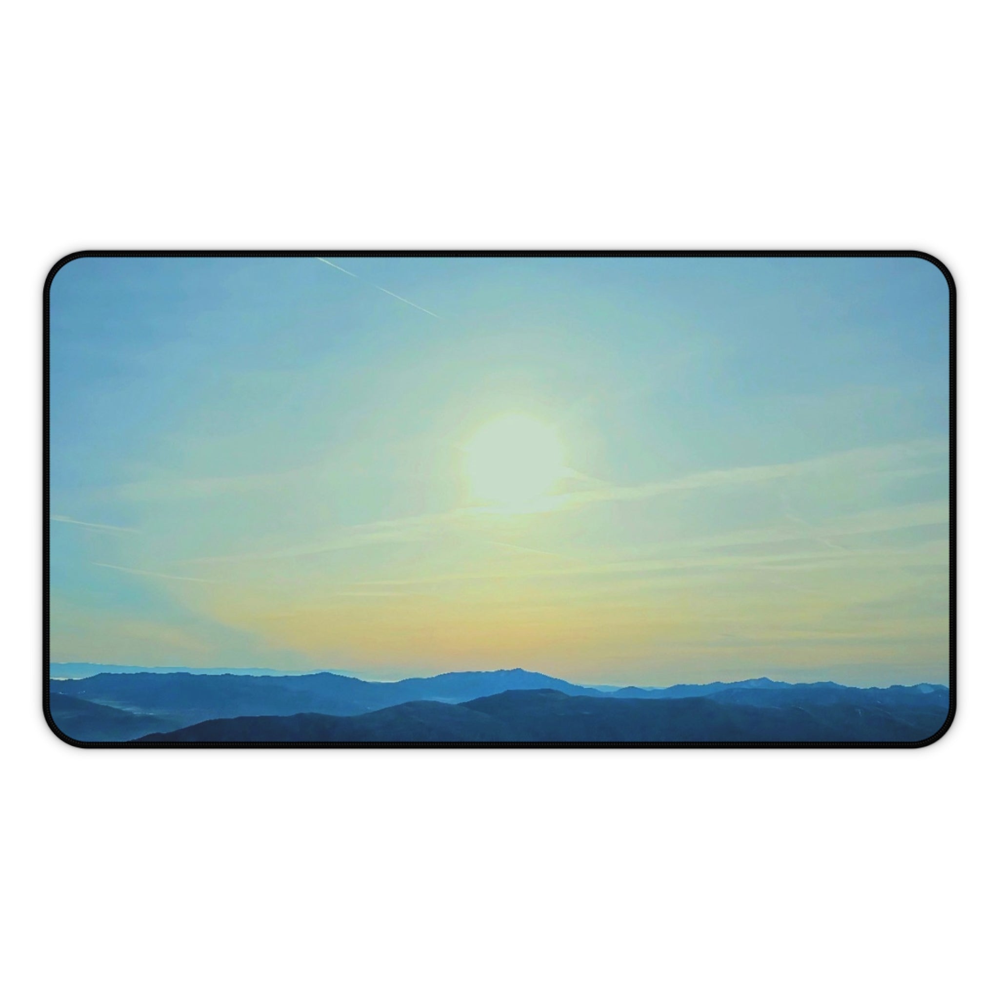 Whiteface Mountain Horizon Desk Mat — Fading Blue Peaks with Orange Sunrise