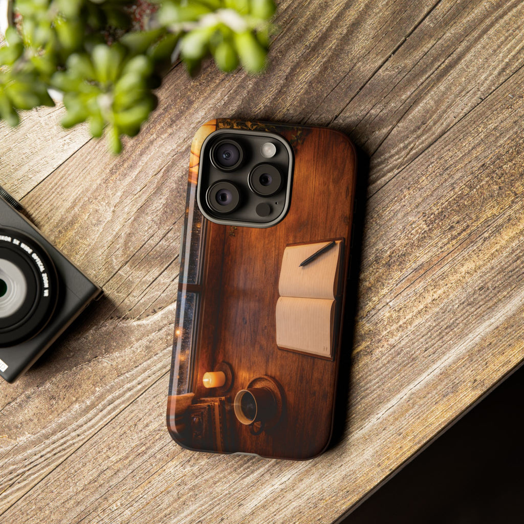 Cozy Writer’s Desk Phone Case — Cozy Notebook & Coffee Woodgrain Design
