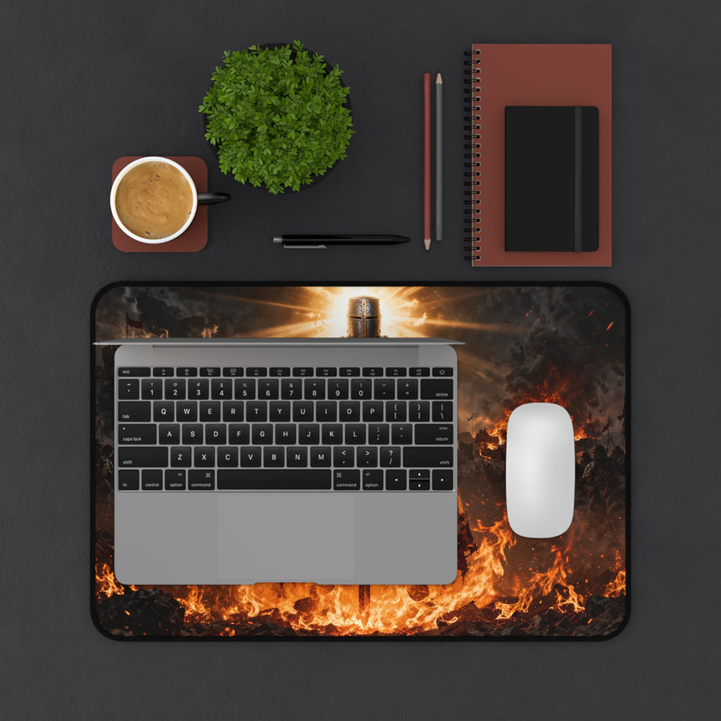 Crusader Flame Desk Mat — Battle-Scarred Gamer Mousepad