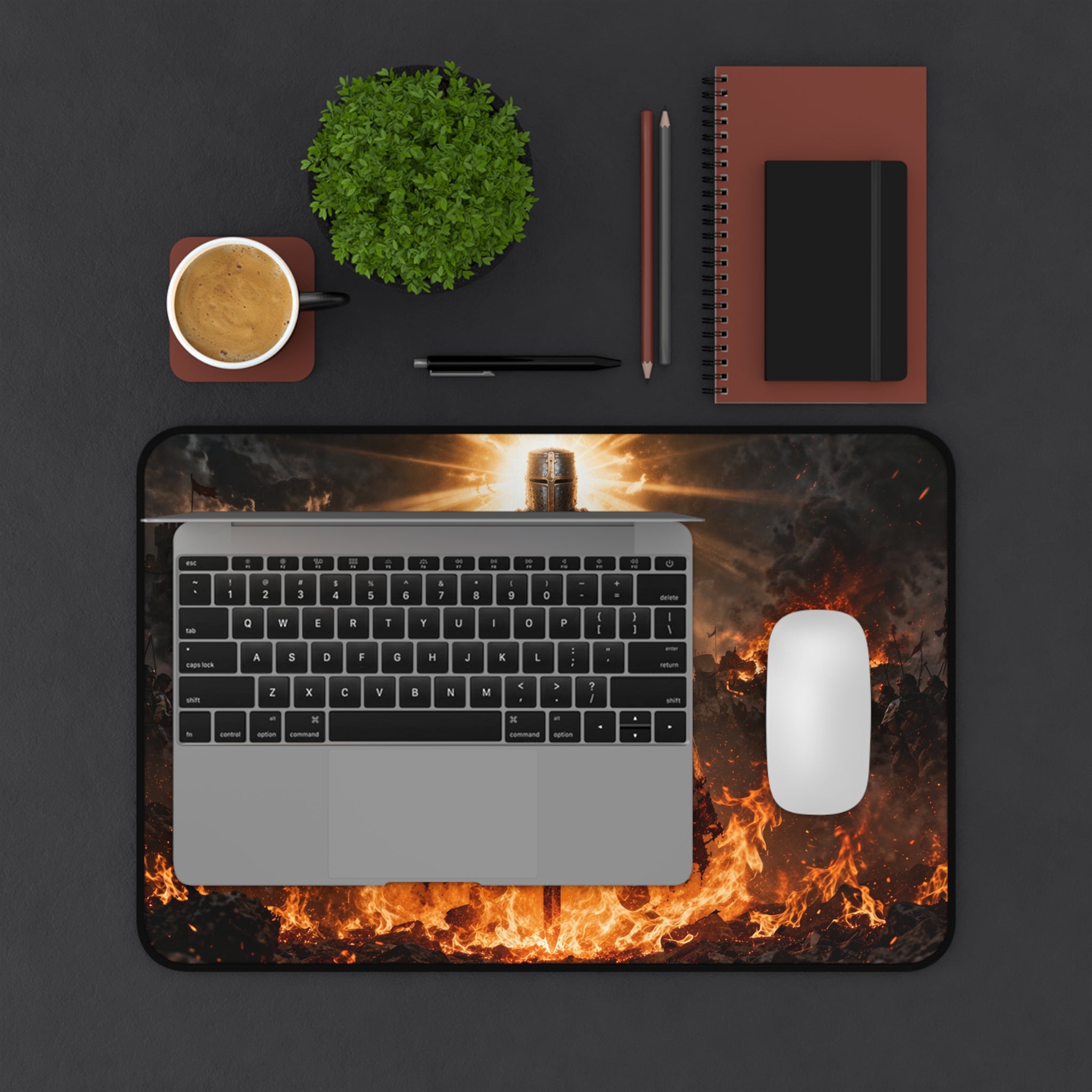 Crusader Flame Desk Mat — Battle-Scarred Gamer Mousepad
