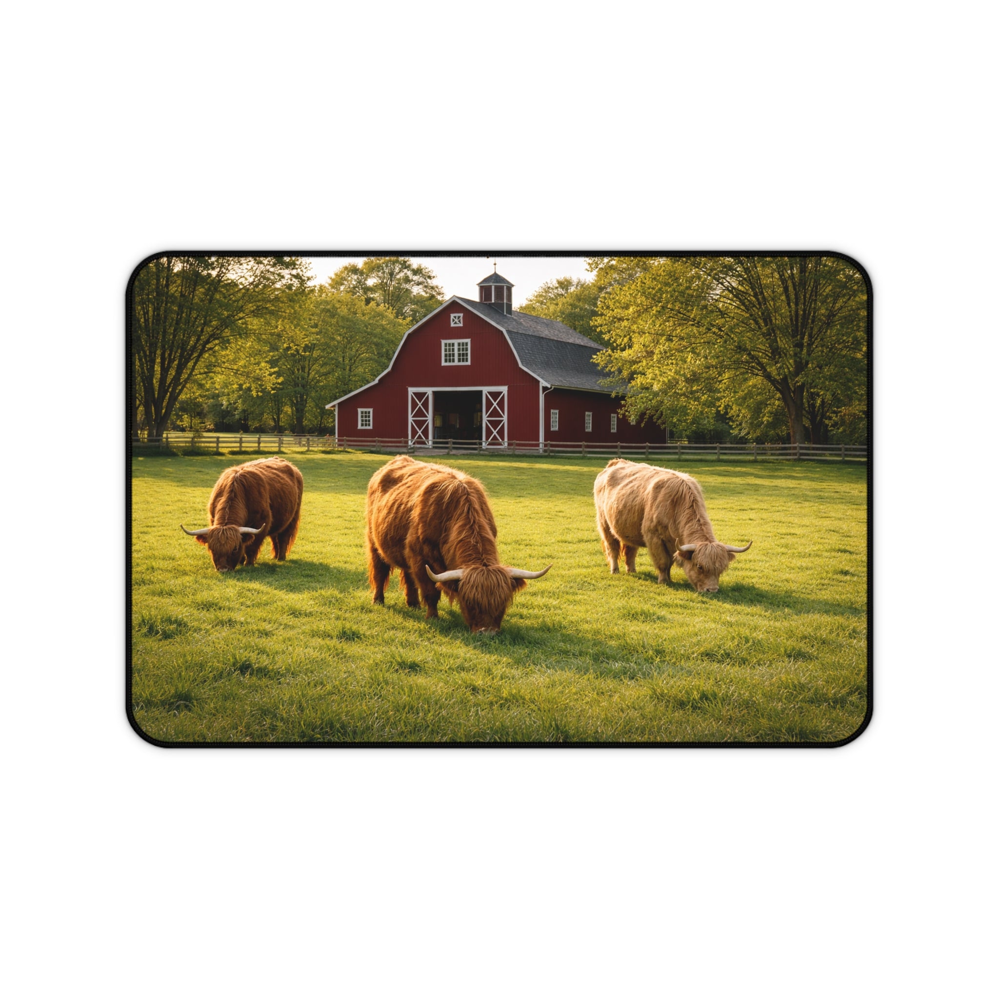 Golden Pasture Desk Mat — Highland Cattle & Red Barn Rustic Desk Pad