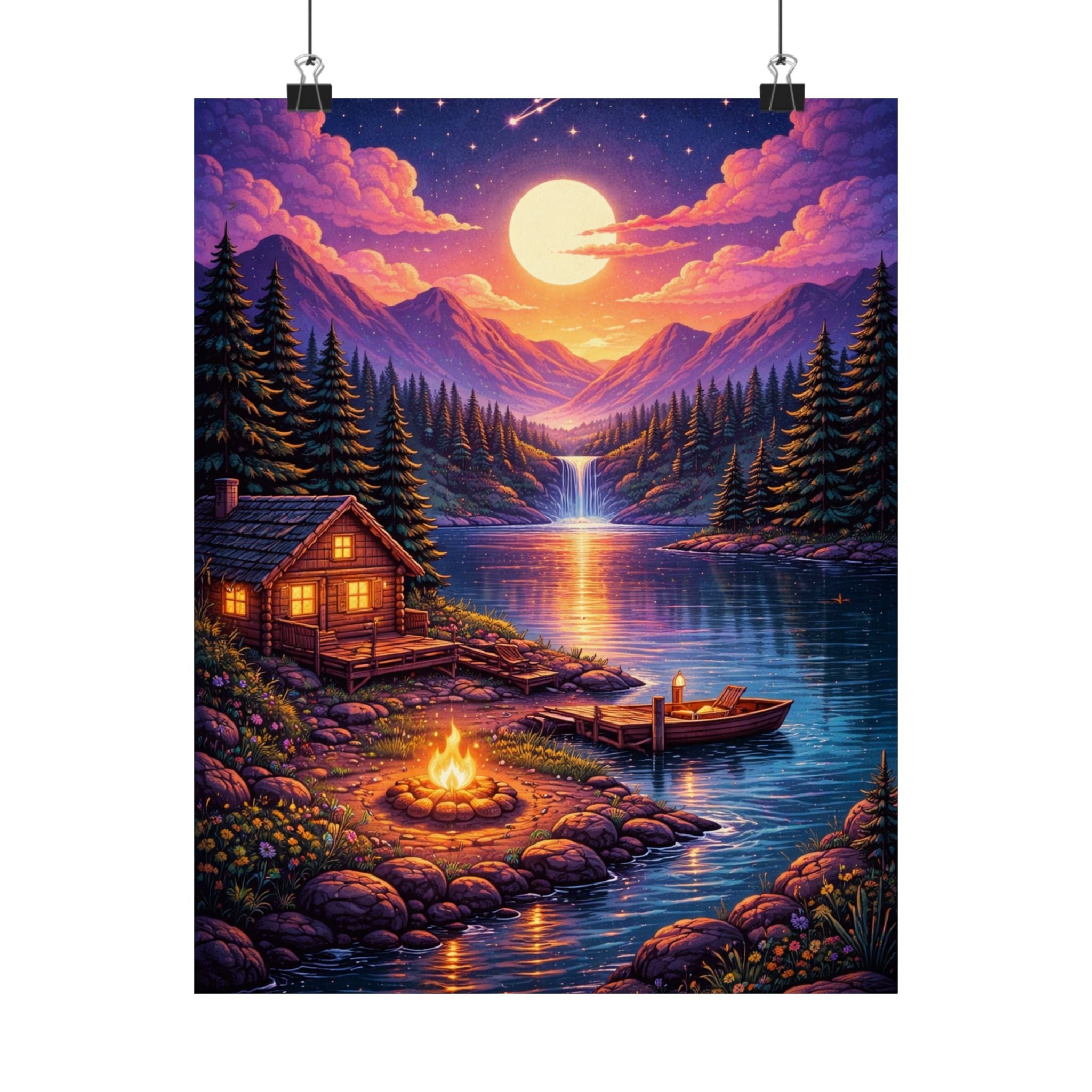 Sunset Cabin Lake Poster Mountain Landscape Wall Art Cozy Cabin Print Nature Sunset Art Rustic Wall Decor Forest Lake Matte Vertical Print