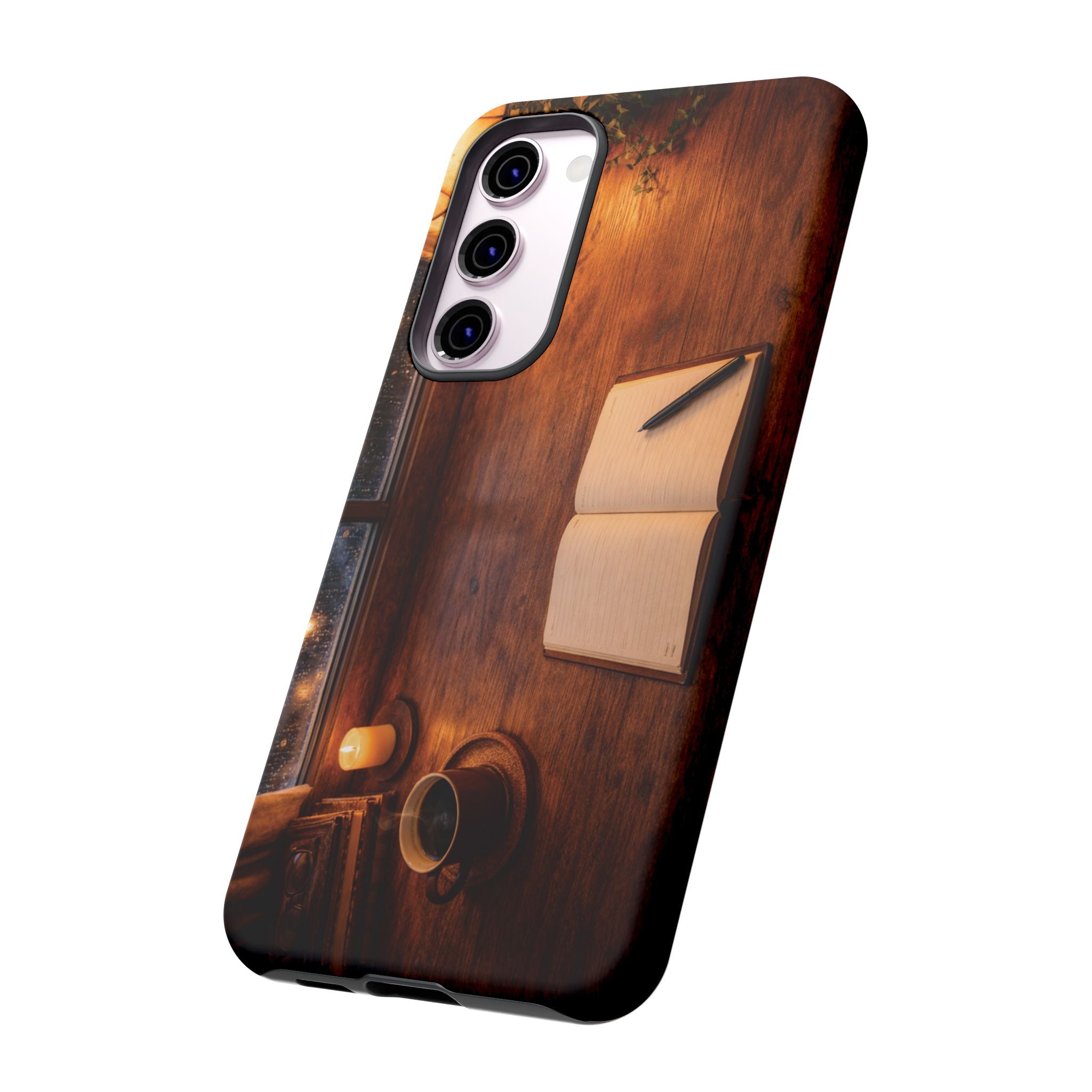 Cozy Writer’s Desk Phone Case — Cozy Notebook & Coffee Woodgrain Design