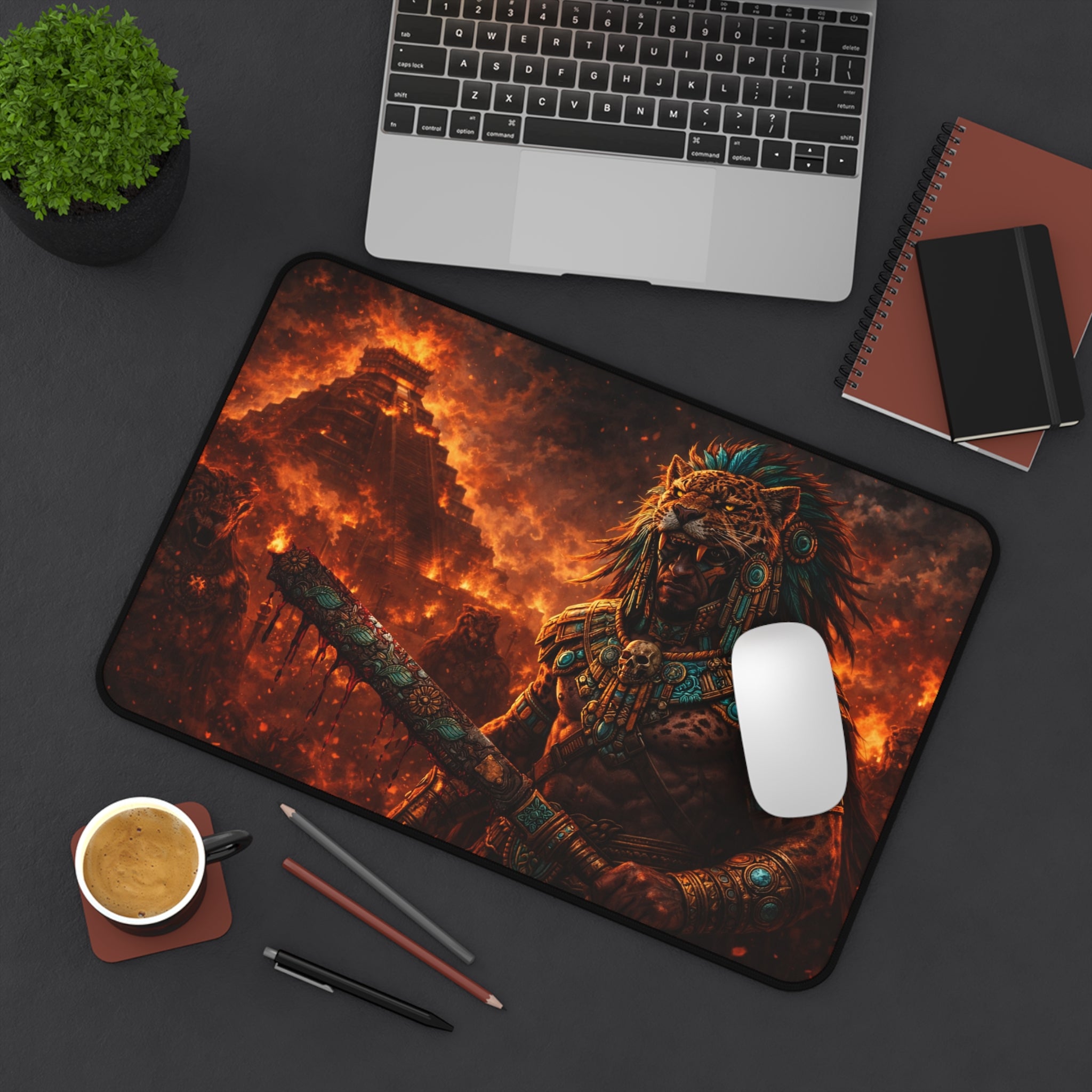 Jaguar Warrior Pyramid Desk Mat — Neoprene Gaming & Work Mouse Pad
