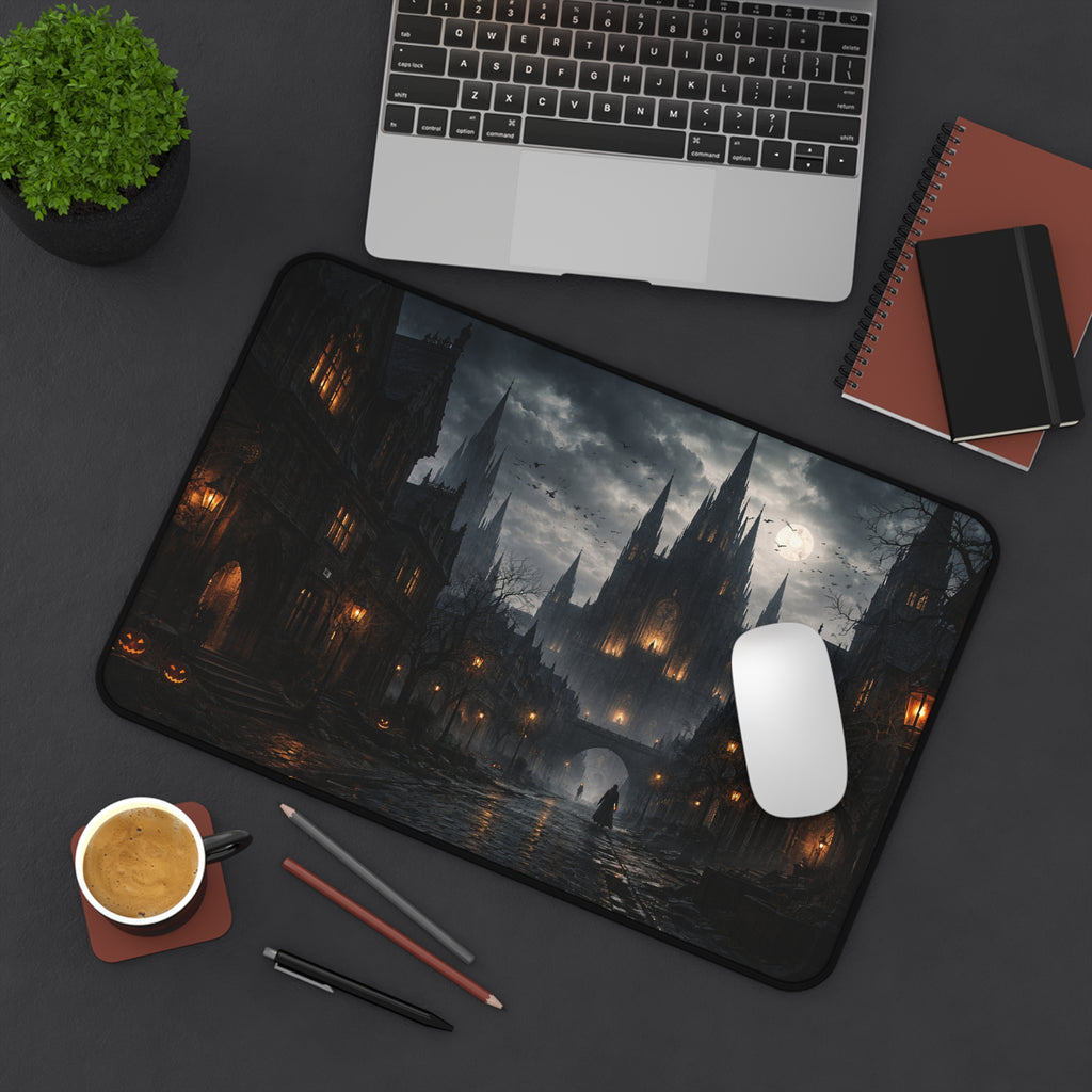 Gothic Moonlit City Desk Mat — Halloween Dark Fantasy Mouse Pad