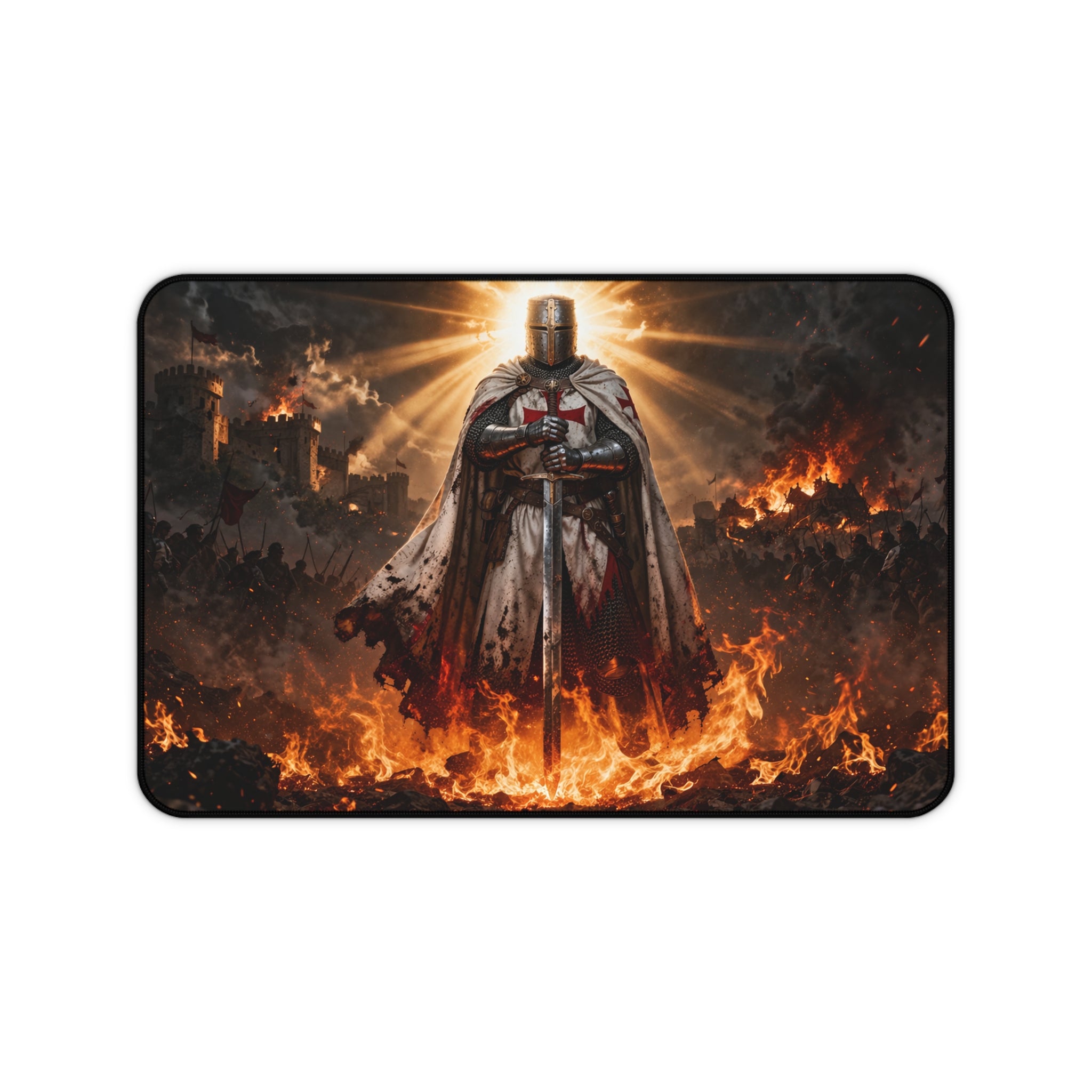 Crusader Flame Desk Mat — Battle-Scarred Gamer Mousepad
