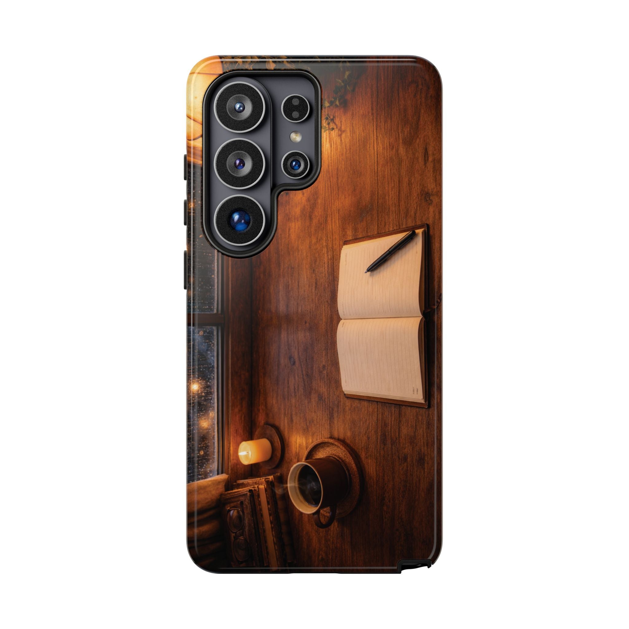 Cozy Writer’s Desk Phone Case — Cozy Notebook & Coffee Woodgrain Design