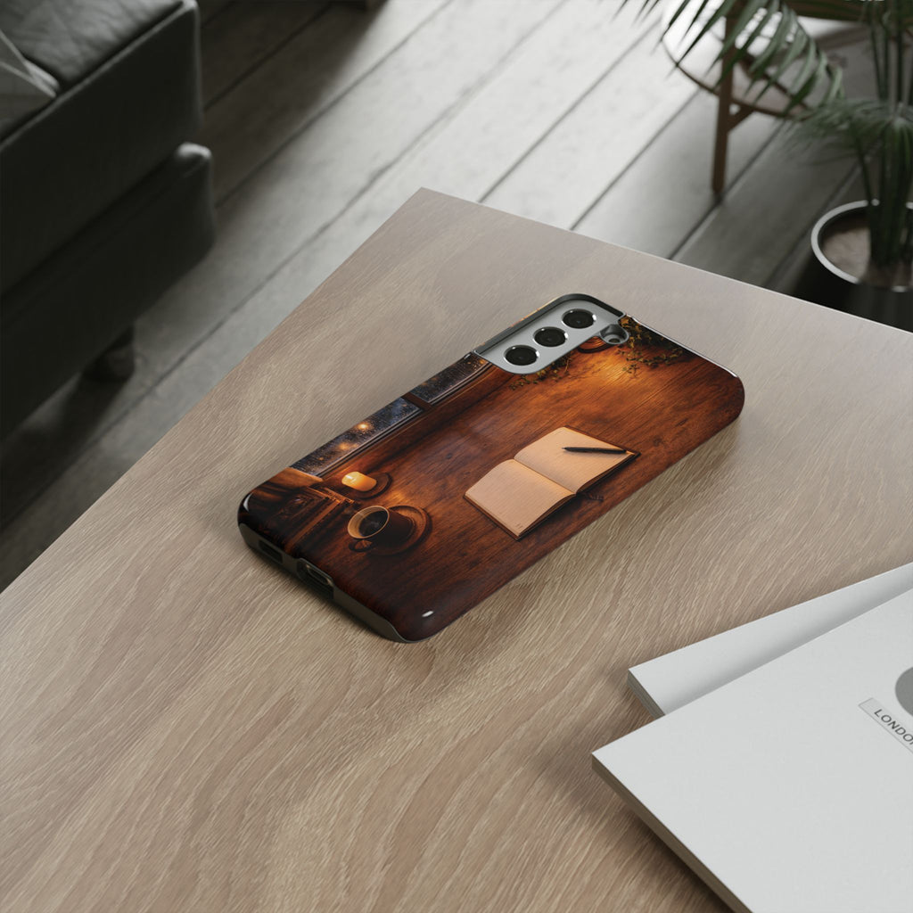 Cozy Writer’s Desk Phone Case — Cozy Notebook & Coffee Woodgrain Design