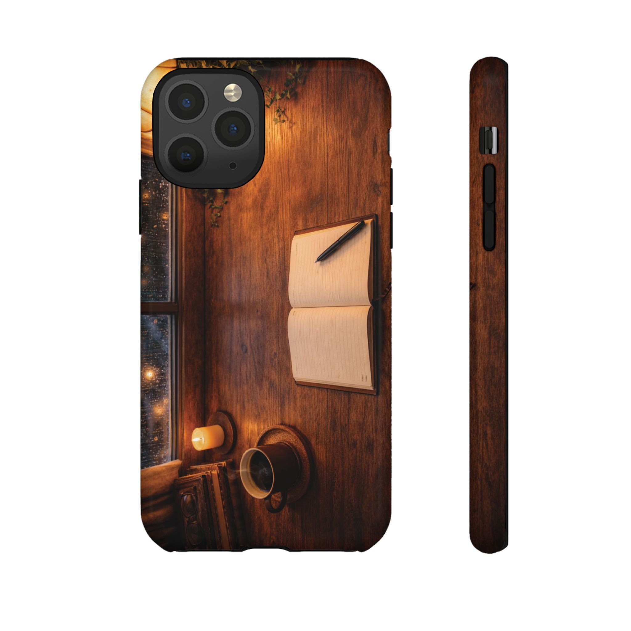 Cozy Writer’s Desk Phone Case — Cozy Notebook & Coffee Woodgrain Design
