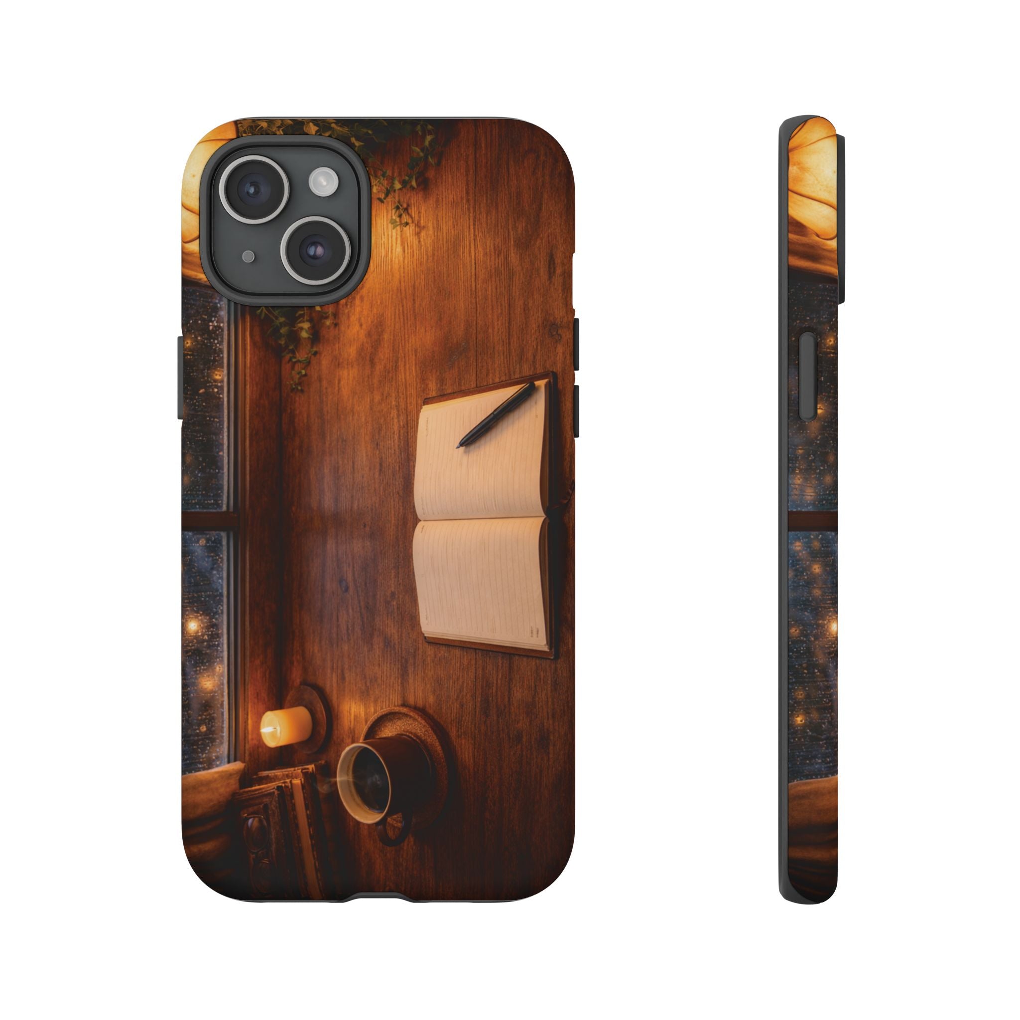 Cozy Writer’s Desk Phone Case — Cozy Notebook & Coffee Woodgrain Design