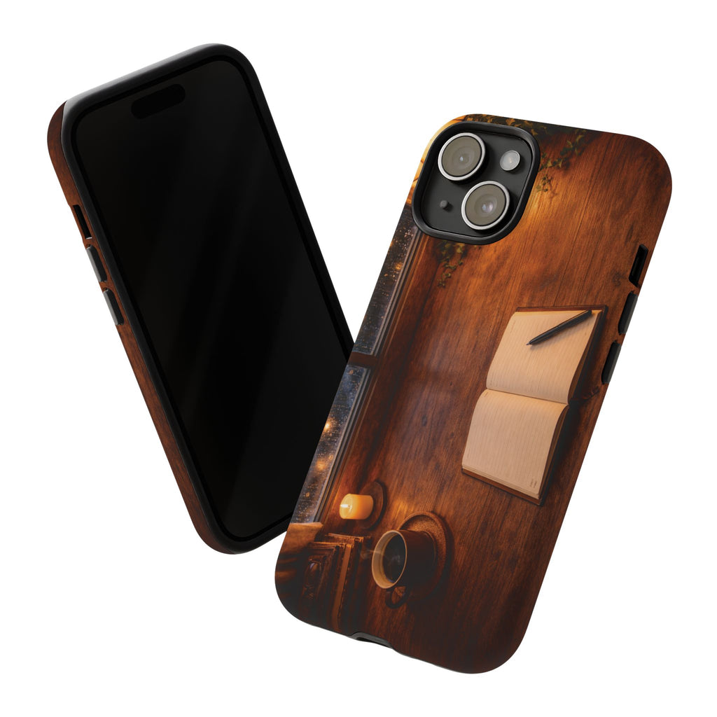 Cozy Writer’s Desk Phone Case — Cozy Notebook & Coffee Woodgrain Design