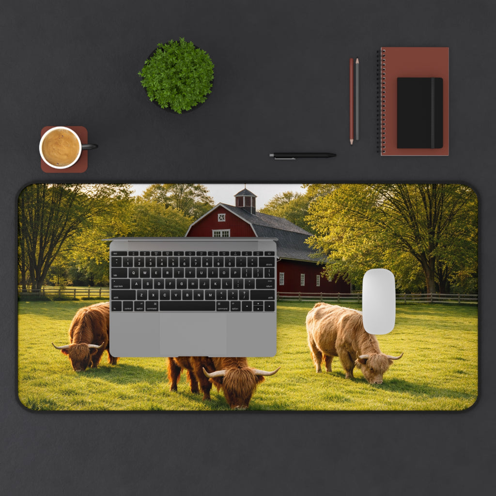 Golden Pasture Desk Mat — Highland Cattle & Red Barn Rustic Desk Pad