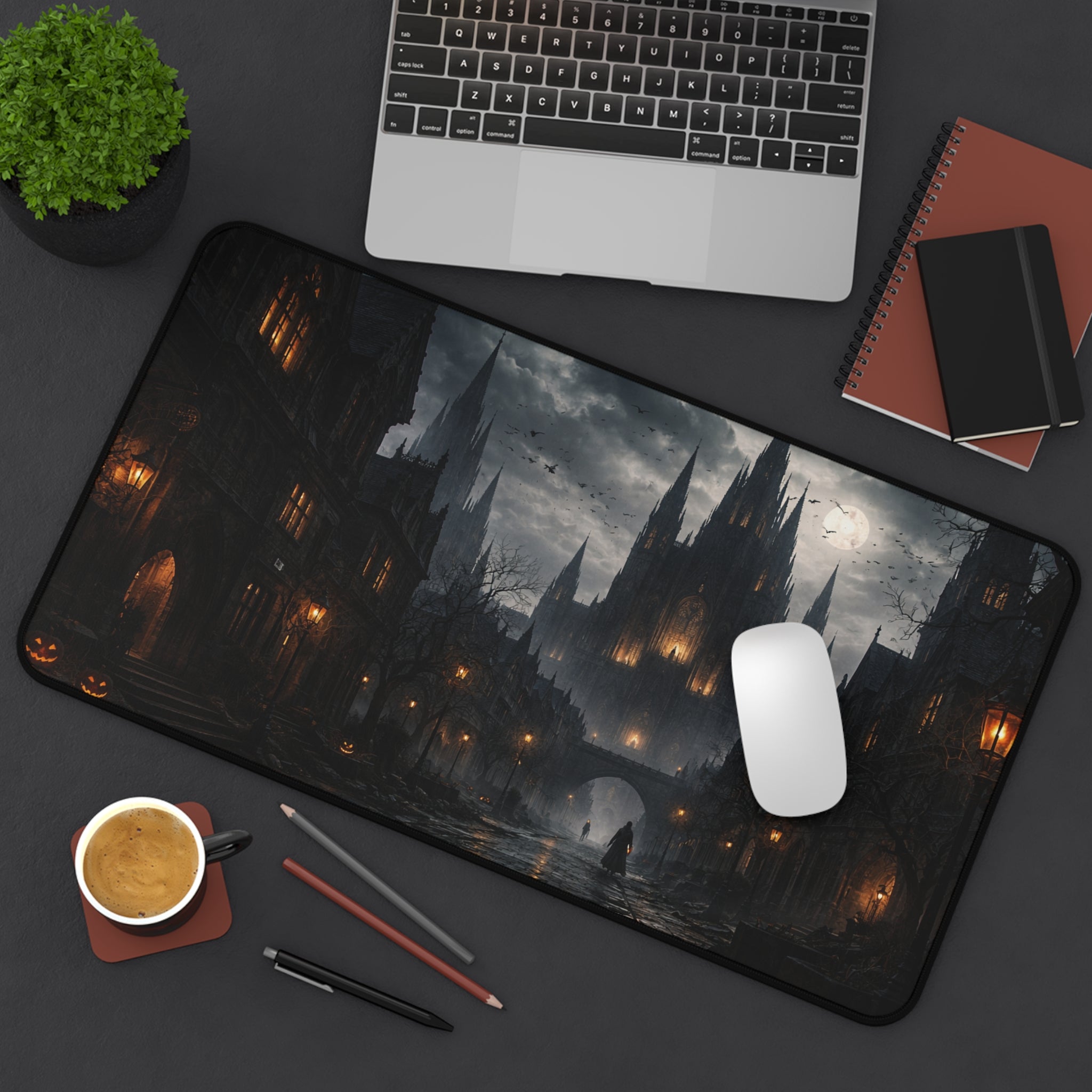 Gothic Moonlit City Desk Mat — Halloween Dark Fantasy Mouse Pad