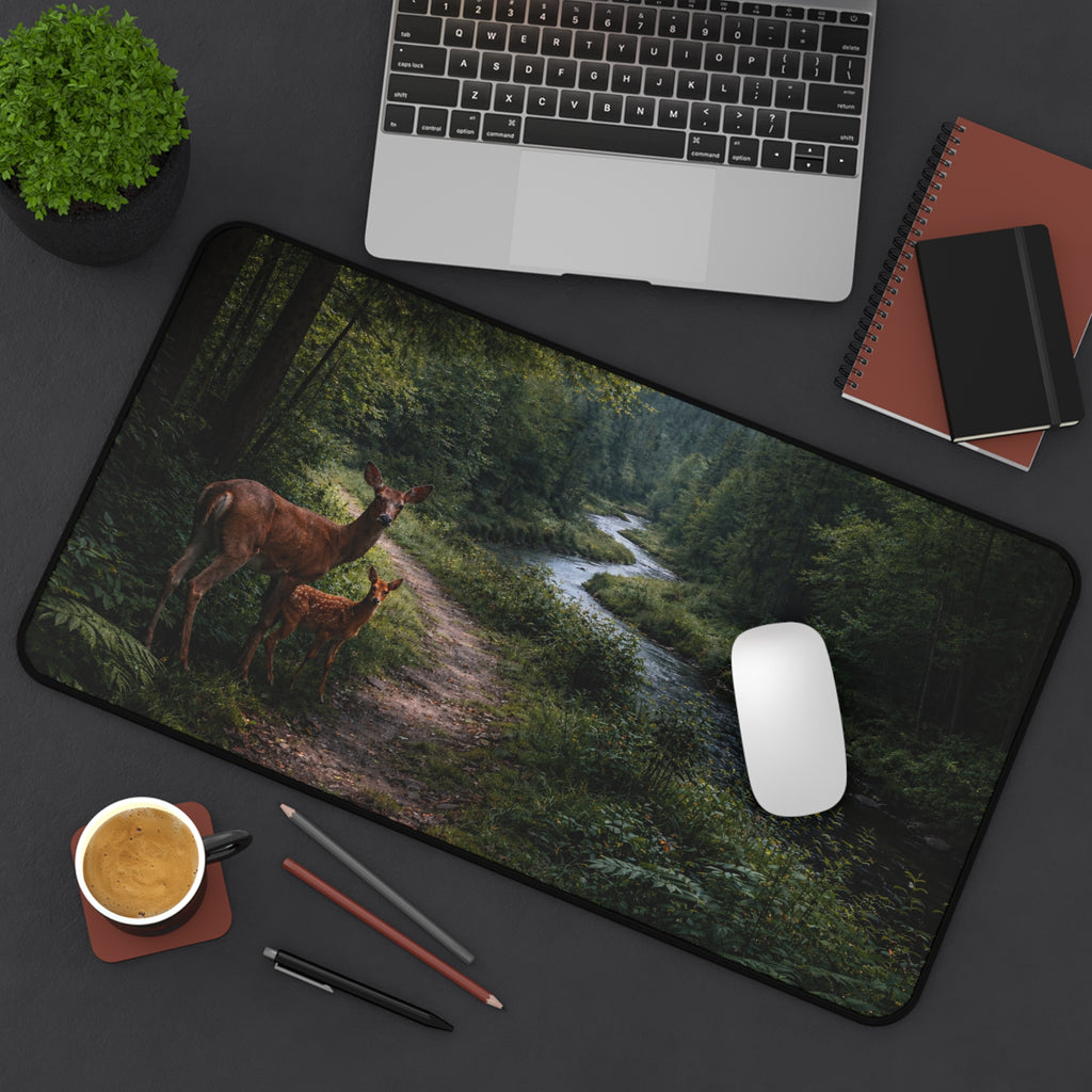 Forest Path Mouse Pad Desk Mat — Deer & Fawn Woodland Scene