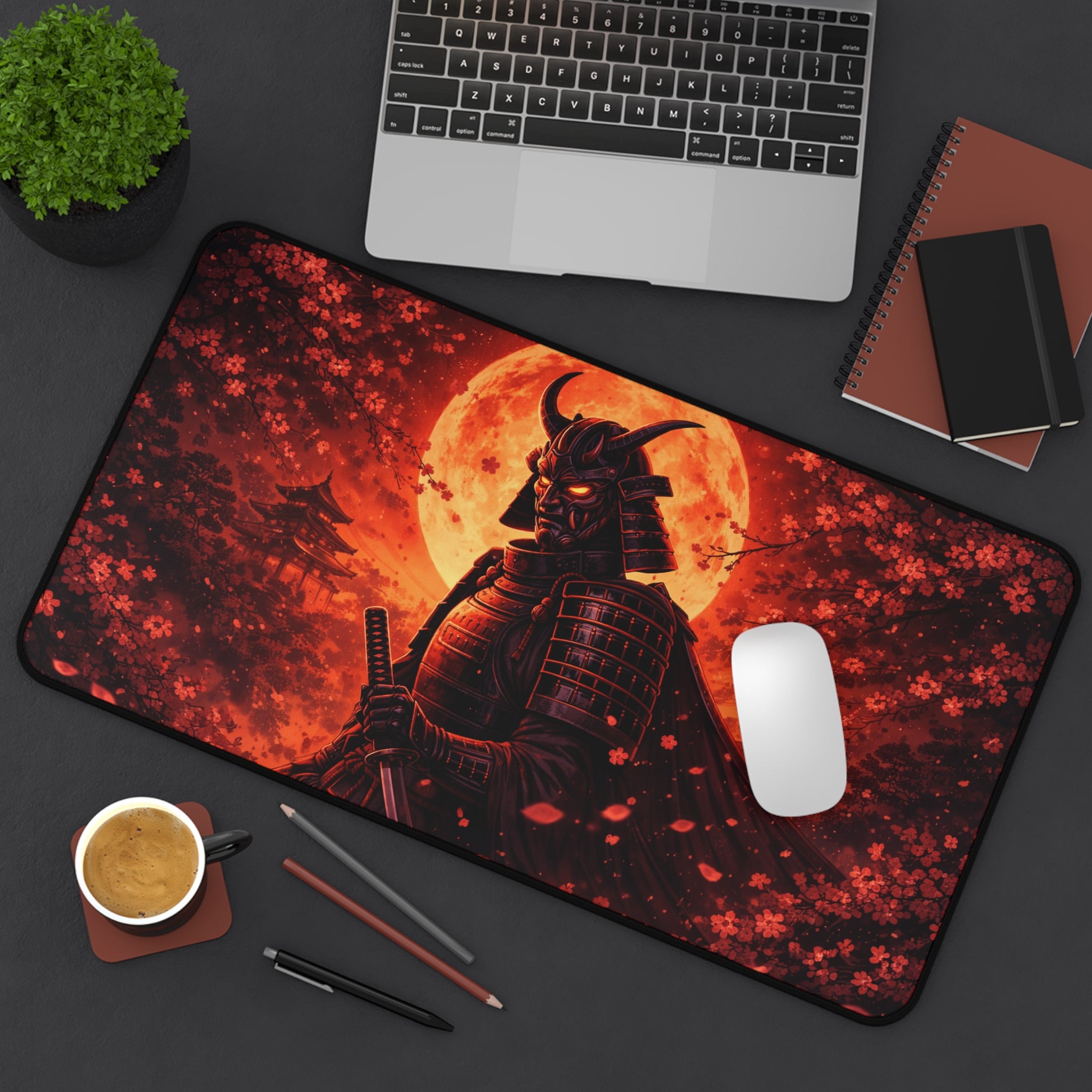 Samurai Crimson Moon Desk Mat — Cherry Blossom Silhouette Mousepad