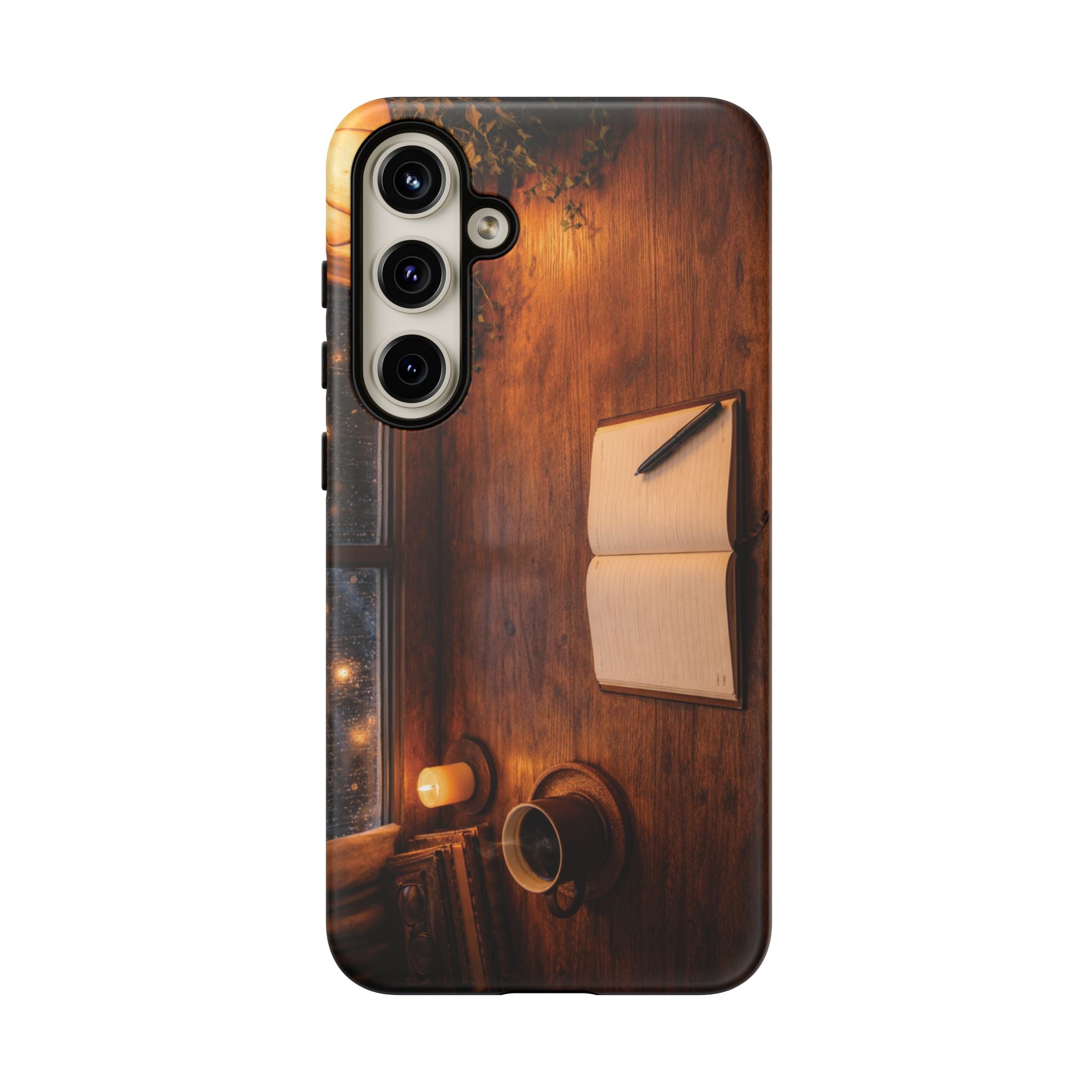 Cozy Writer’s Desk Phone Case — Cozy Notebook & Coffee Woodgrain Design