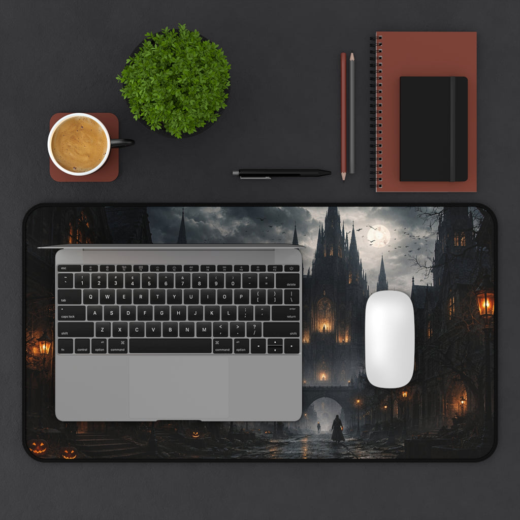 Gothic Moonlit City Desk Mat — Halloween Dark Fantasy Mouse Pad