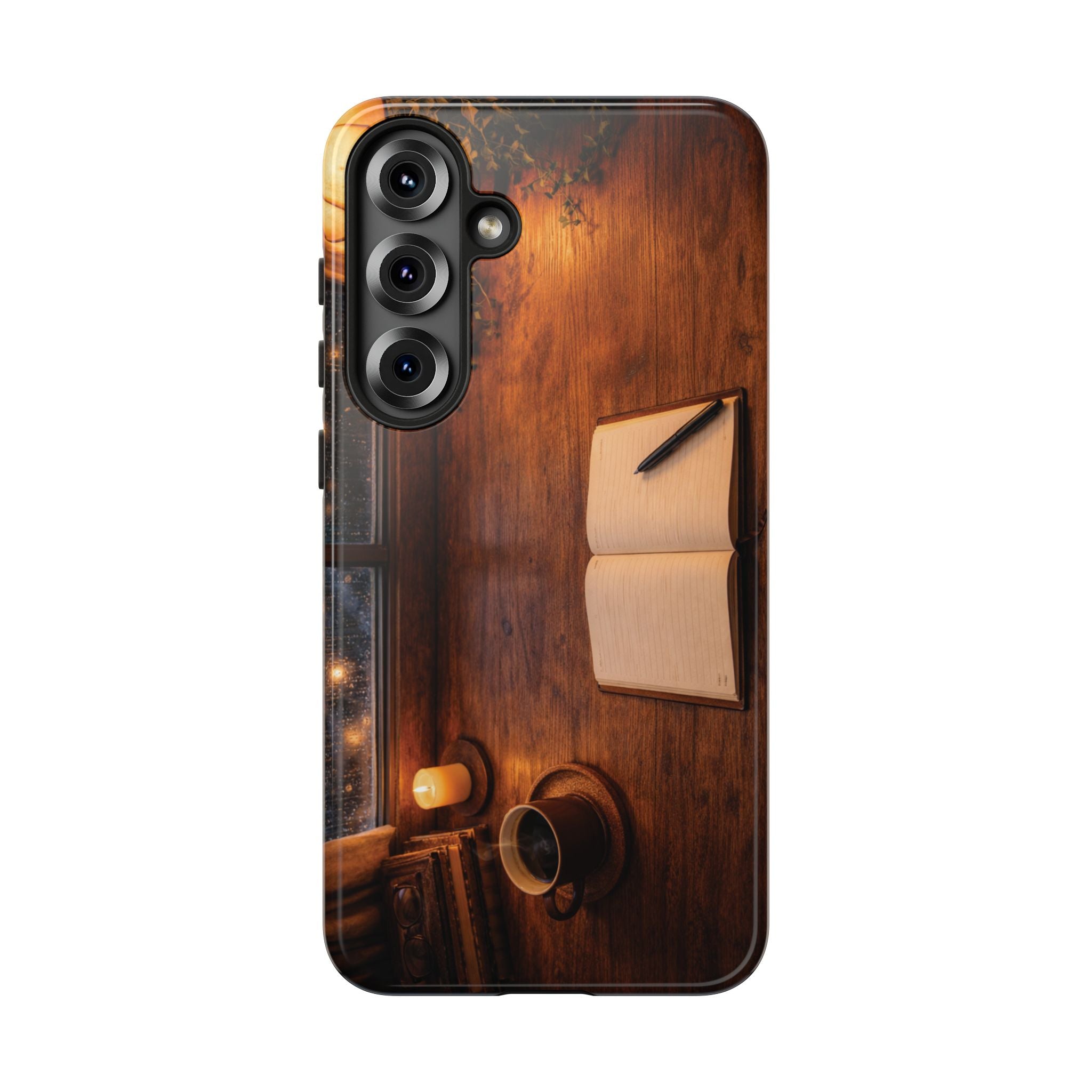 Cozy Writer’s Desk Phone Case — Cozy Notebook & Coffee Woodgrain Design