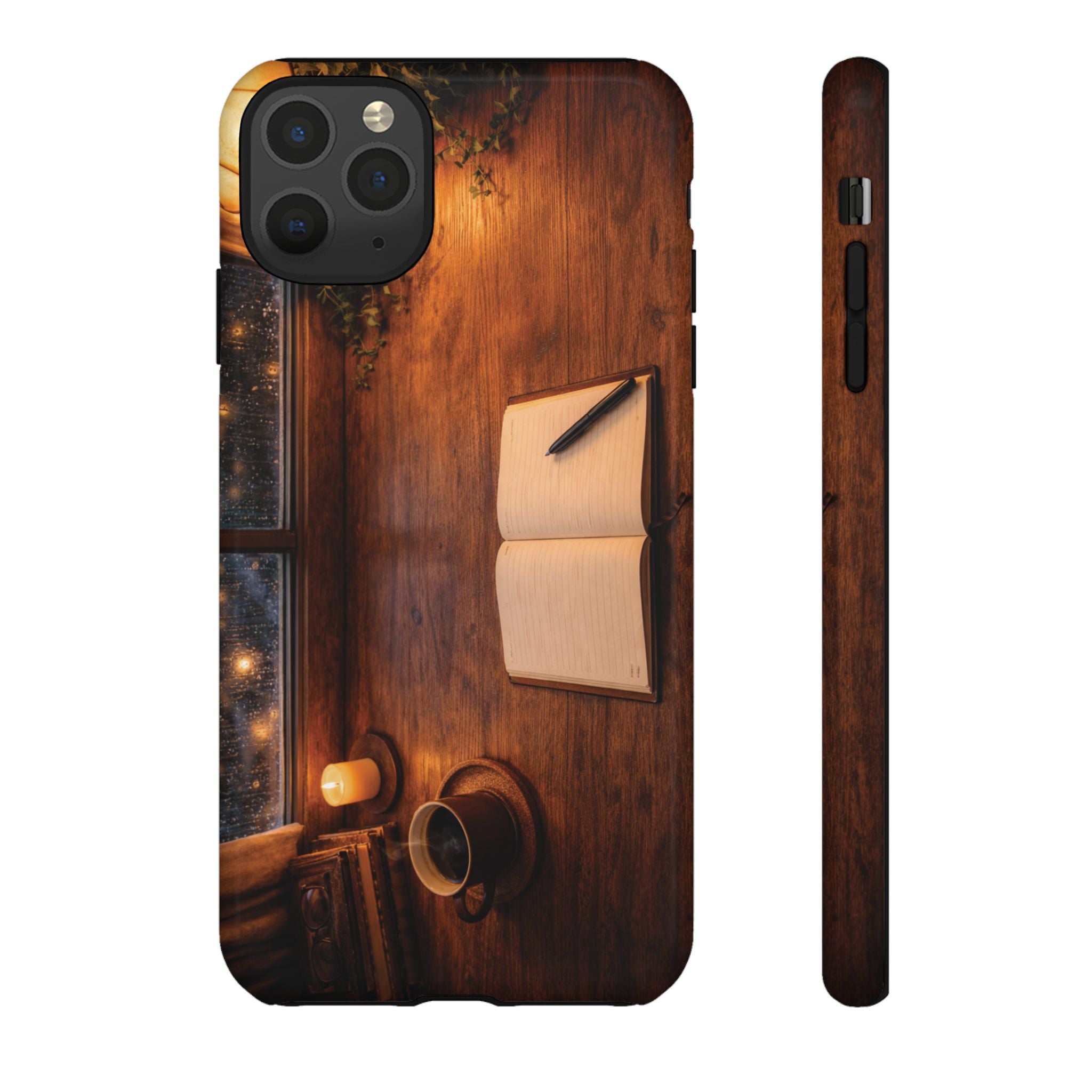 Cozy Writer’s Desk Phone Case — Cozy Notebook & Coffee Woodgrain Design