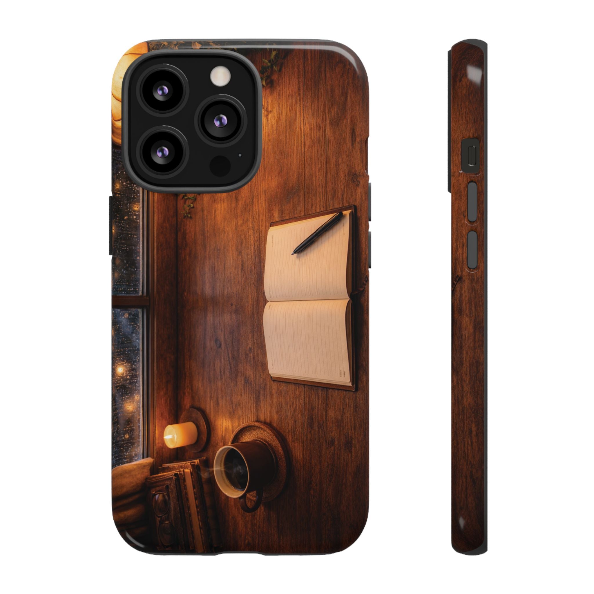 Cozy Writer’s Desk Phone Case — Cozy Notebook & Coffee Woodgrain Design