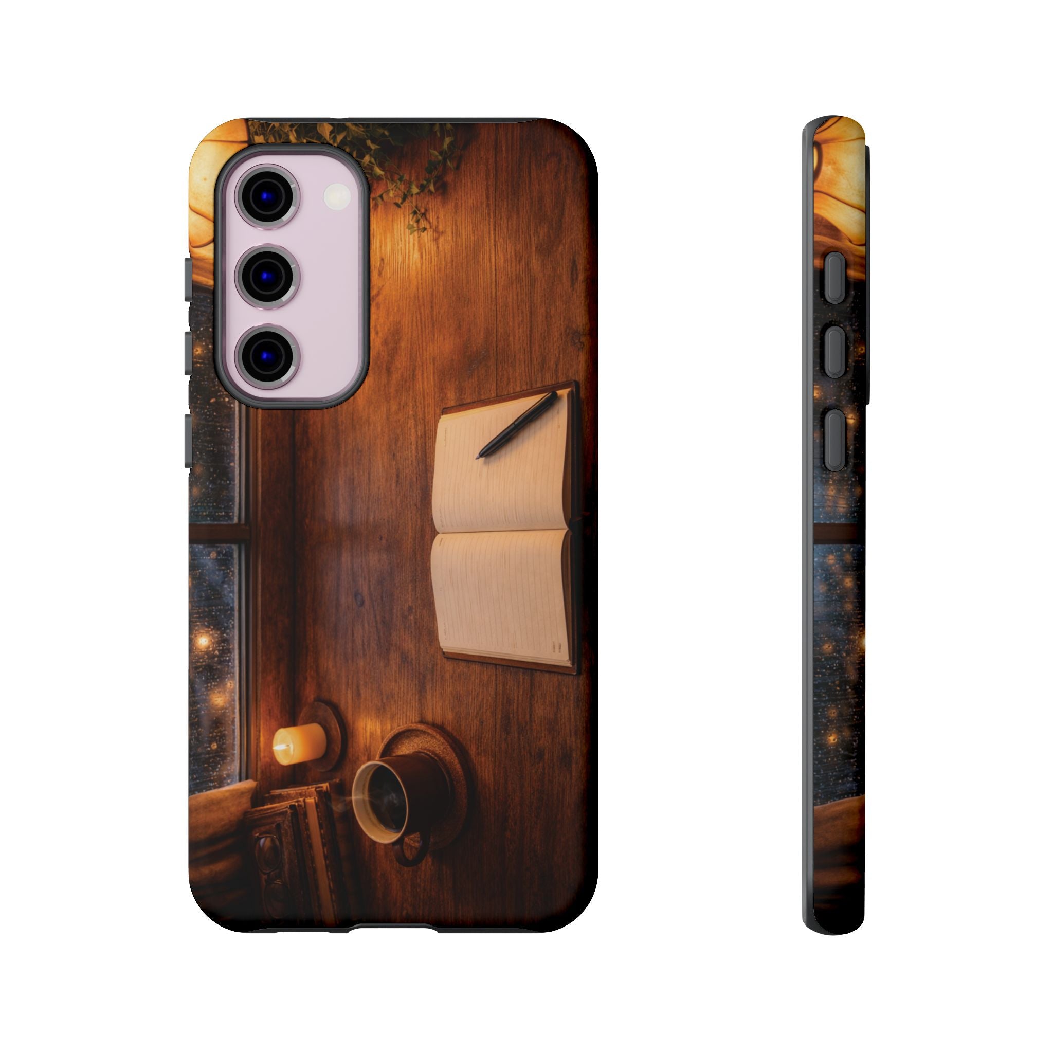 Cozy Writer’s Desk Phone Case — Cozy Notebook & Coffee Woodgrain Design