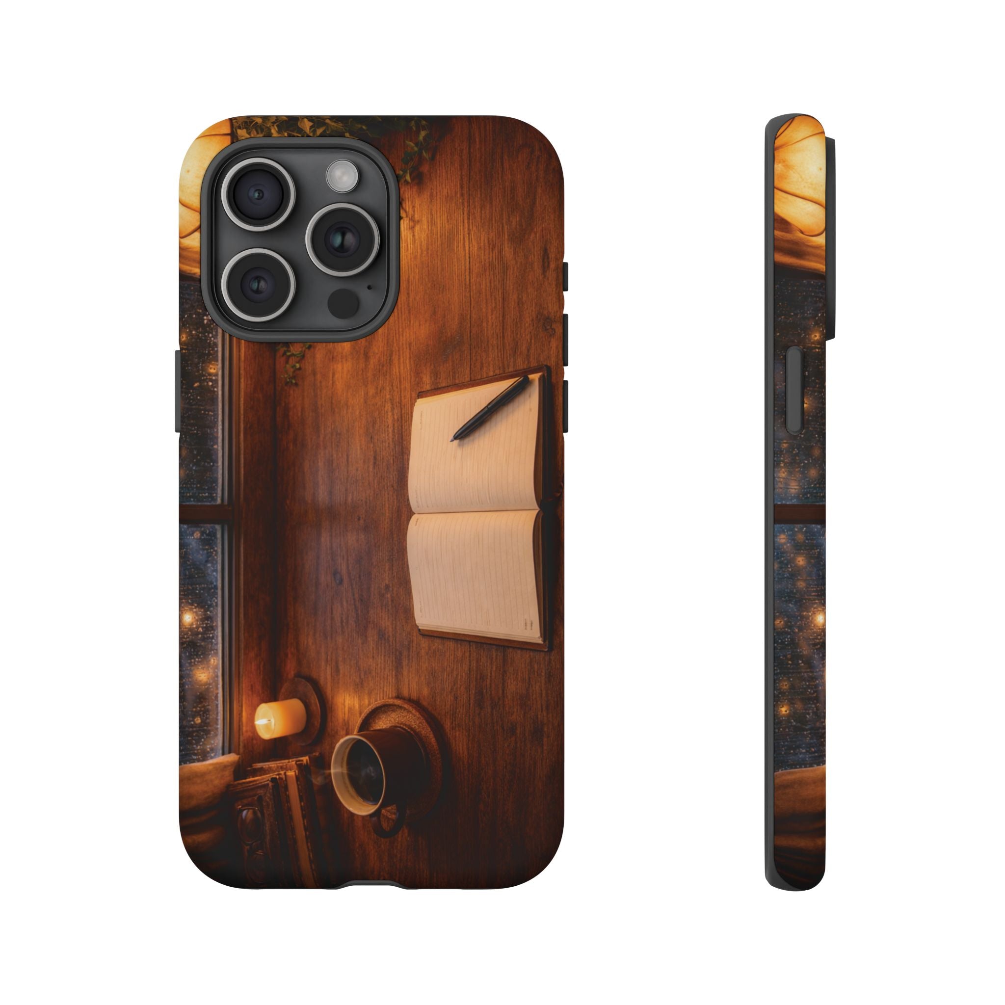 Cozy Writer’s Desk Phone Case — Cozy Notebook & Coffee Woodgrain Design