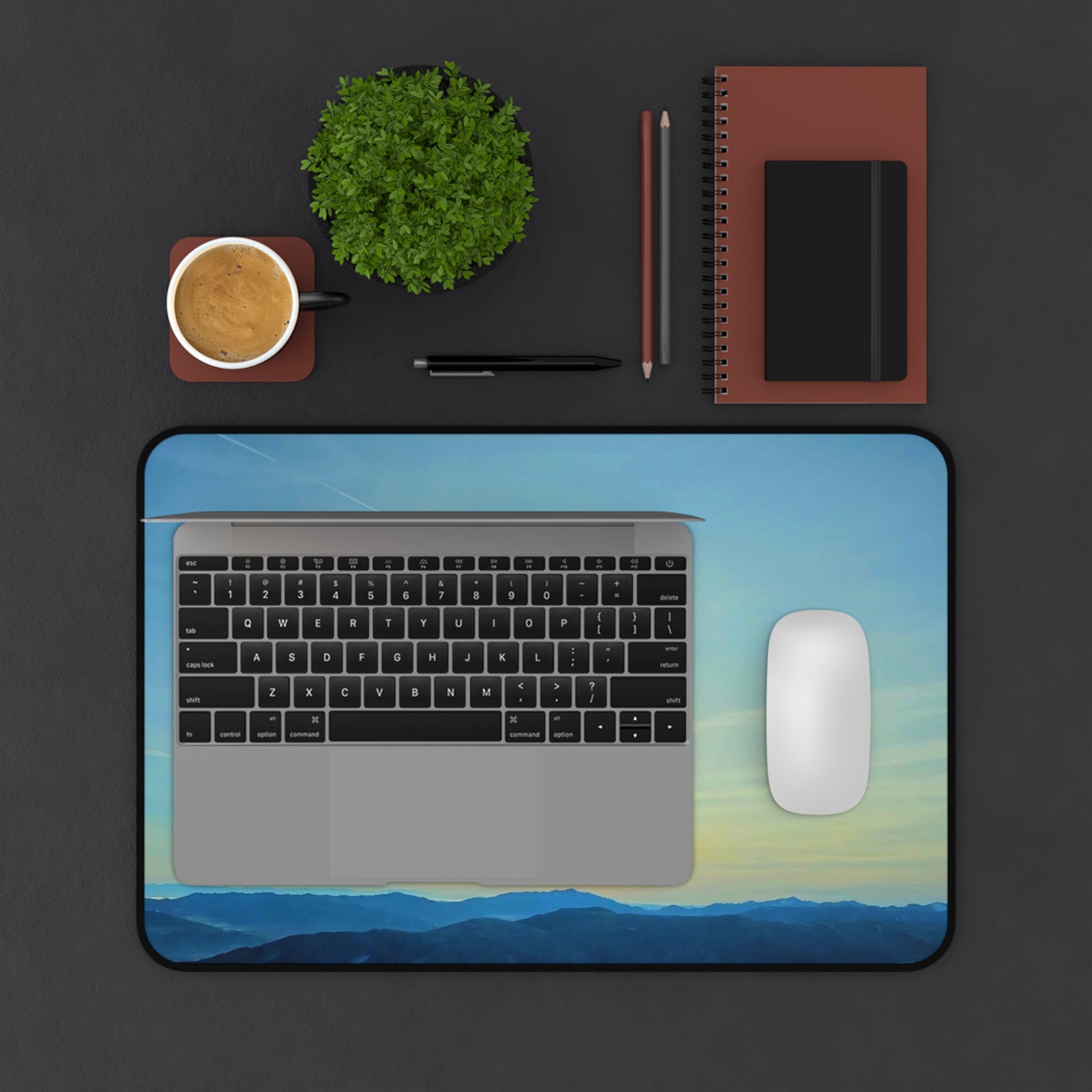 Whiteface Mountain Horizon Desk Mat — Fading Blue Peaks with Orange Sunrise