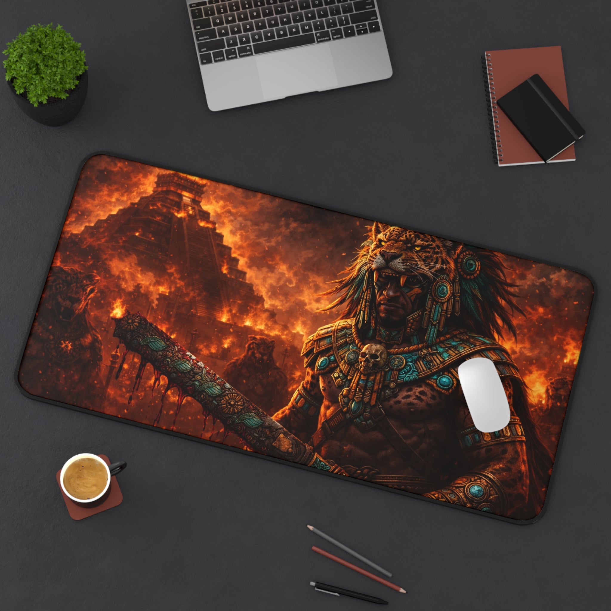Jaguar Warrior Pyramid Desk Mat — Neoprene Gaming & Work Mouse Pad