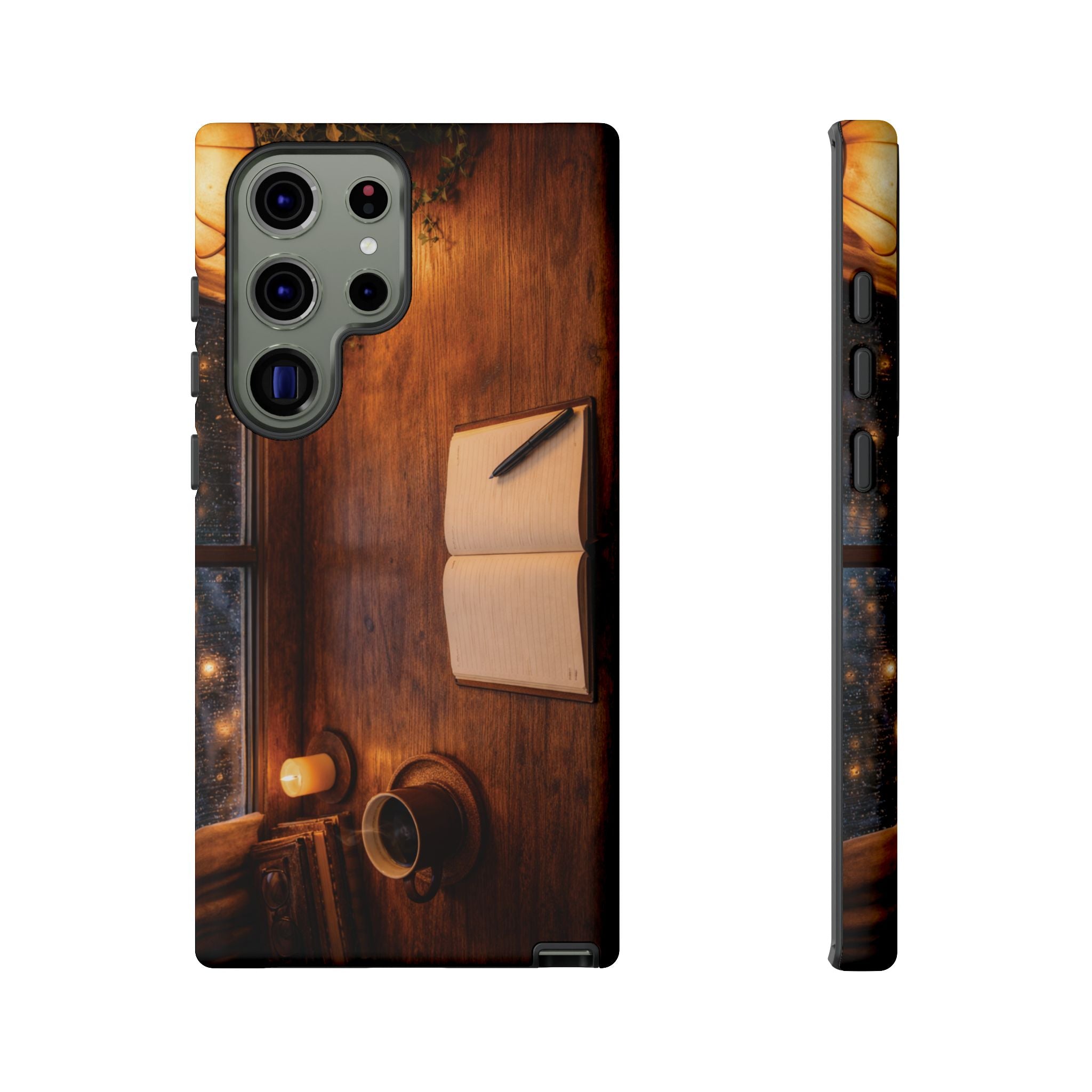 Cozy Writer’s Desk Phone Case — Cozy Notebook & Coffee Woodgrain Design