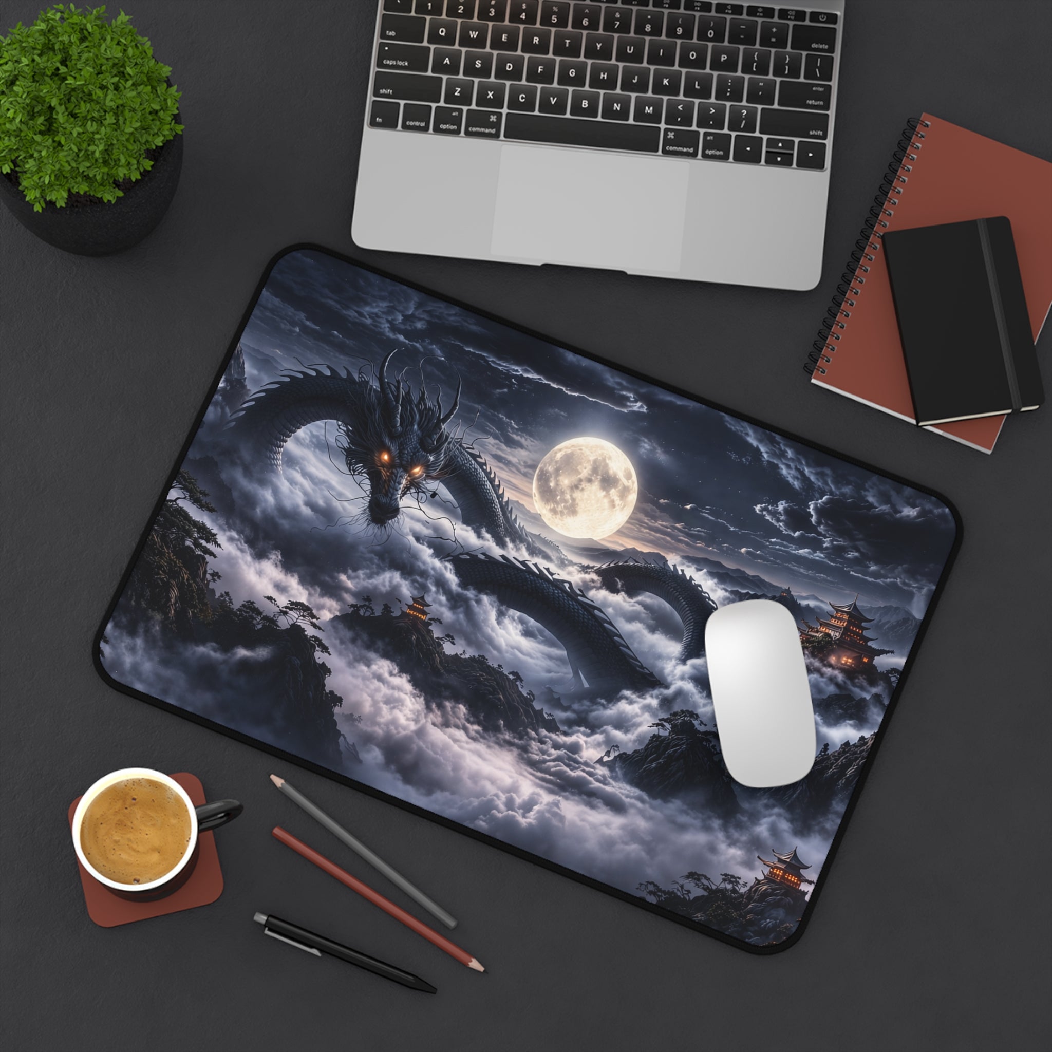 Moonlit Black Dragon Desk Mat XXL, Gaming Mouse Pad | Fantasy Japanese Dark Aesthetic