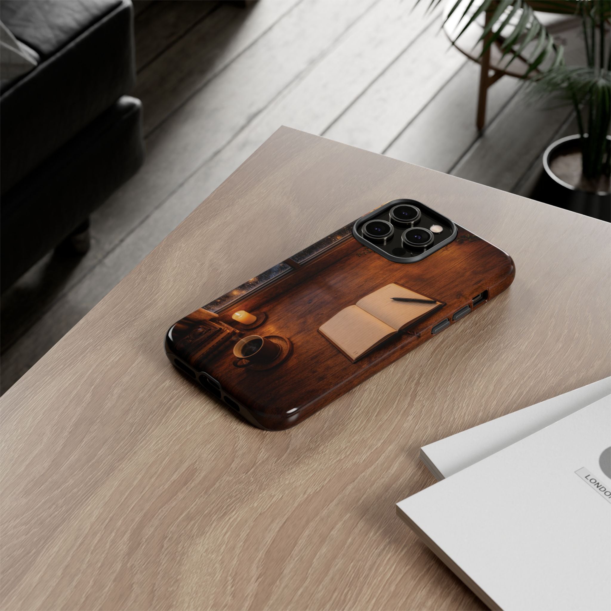 Cozy Writer’s Desk Phone Case — Cozy Notebook & Coffee Woodgrain Design