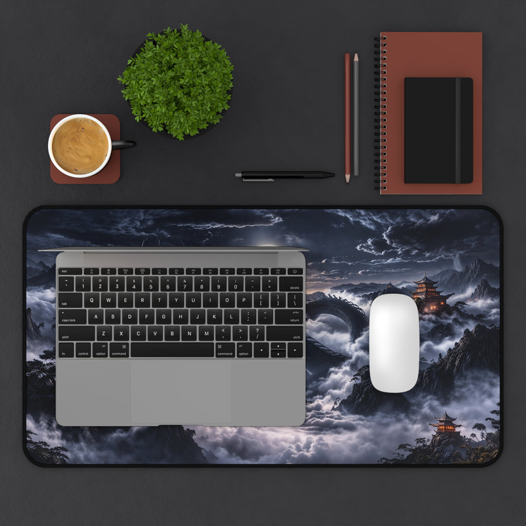 Moonlit Black Dragon Desk Mat XXL, Gaming Mouse Pad | Fantasy Japanese Dark Aesthetic