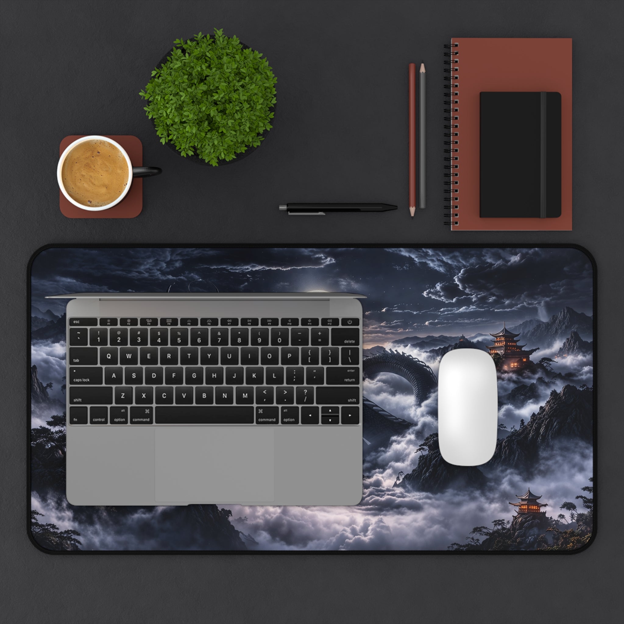 Moonlit Black Dragon Desk Mat XXL, Gaming Mouse Pad | Fantasy Japanese Dark Aesthetic