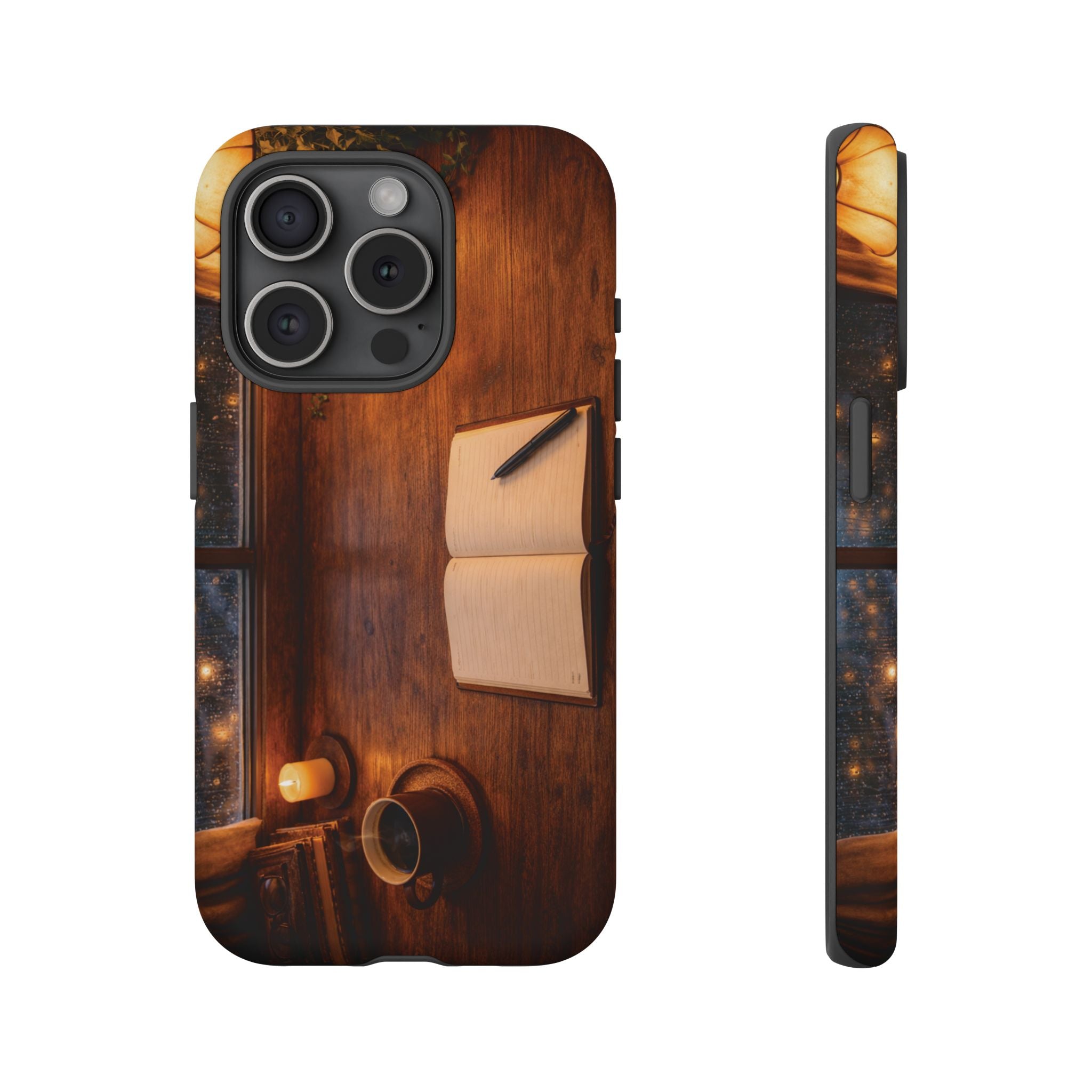 Cozy Writer’s Desk Phone Case — Cozy Notebook & Coffee Woodgrain Design