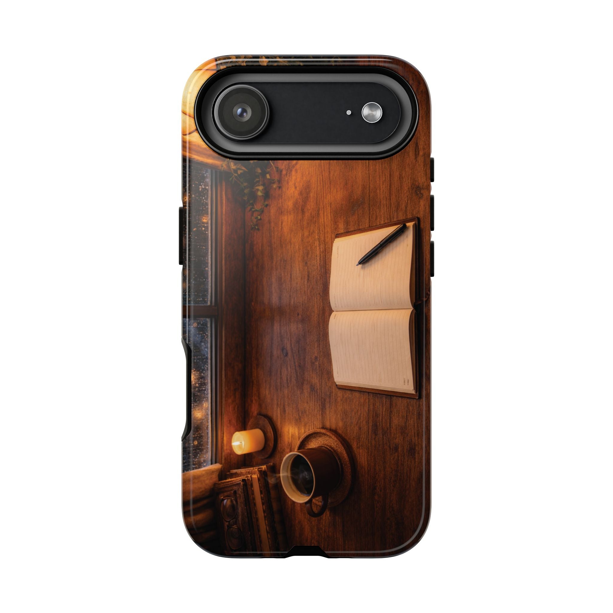 Cozy Writer’s Desk Phone Case — Cozy Notebook & Coffee Woodgrain Design