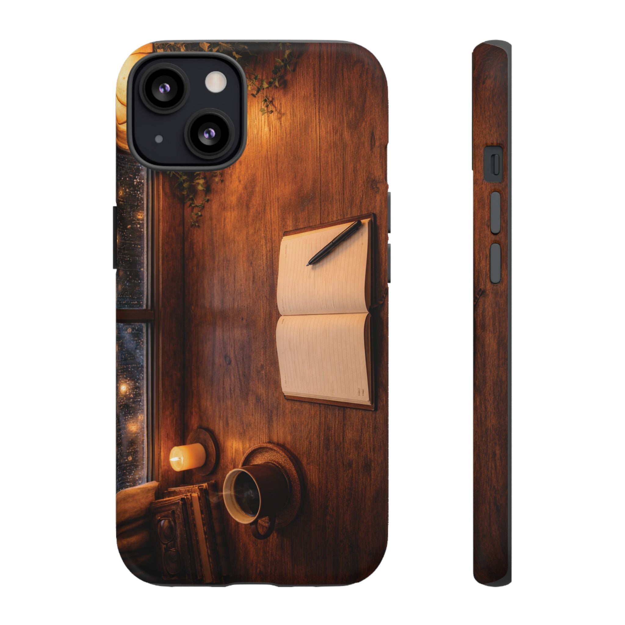 Cozy Writer’s Desk Phone Case — Cozy Notebook & Coffee Woodgrain Design