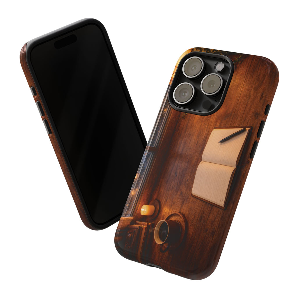 Cozy Writer’s Desk Phone Case — Cozy Notebook & Coffee Woodgrain Design
